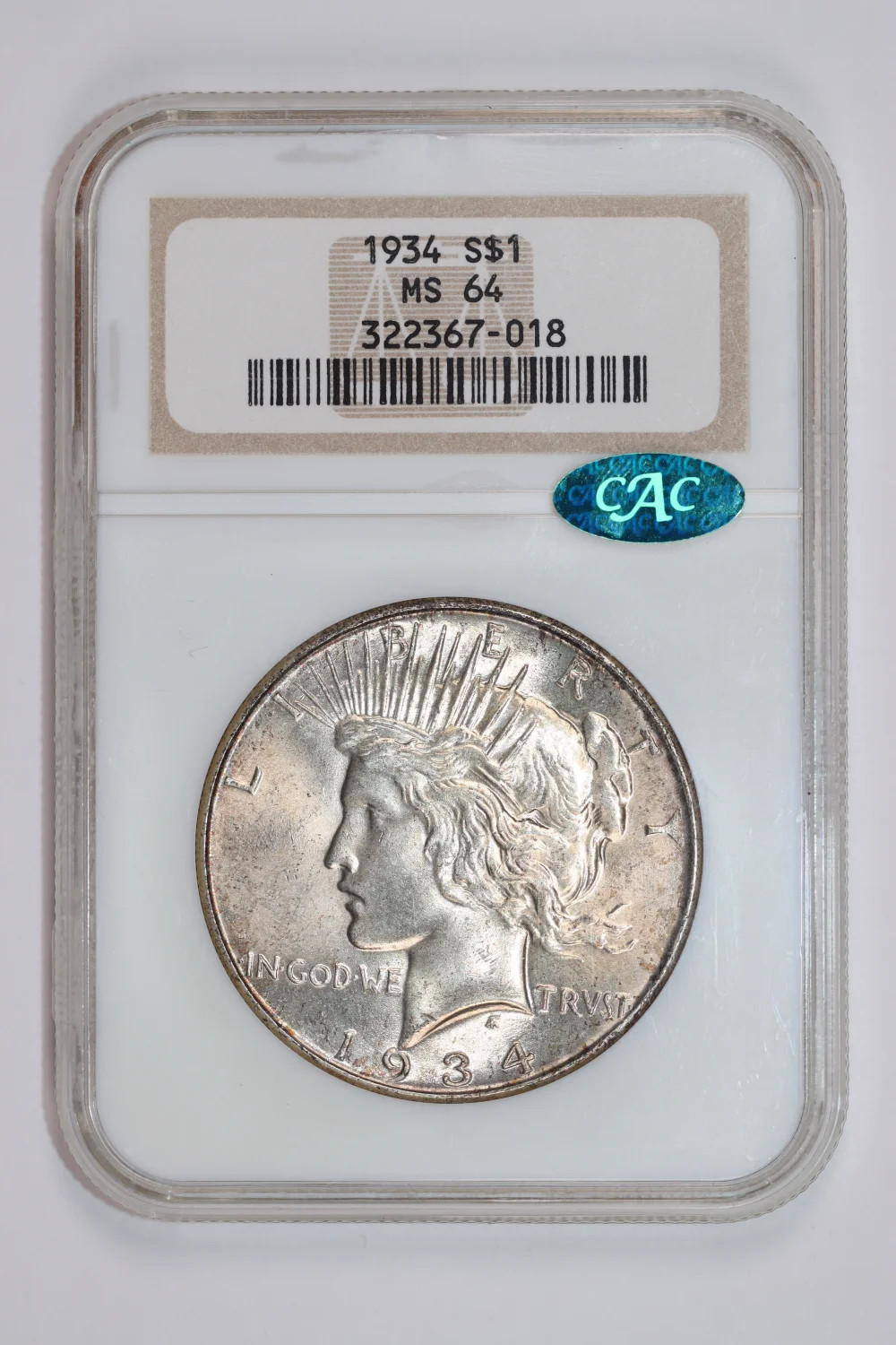 1934 PEACE DOLLAR NGC MS64 CAC VERY PQ!