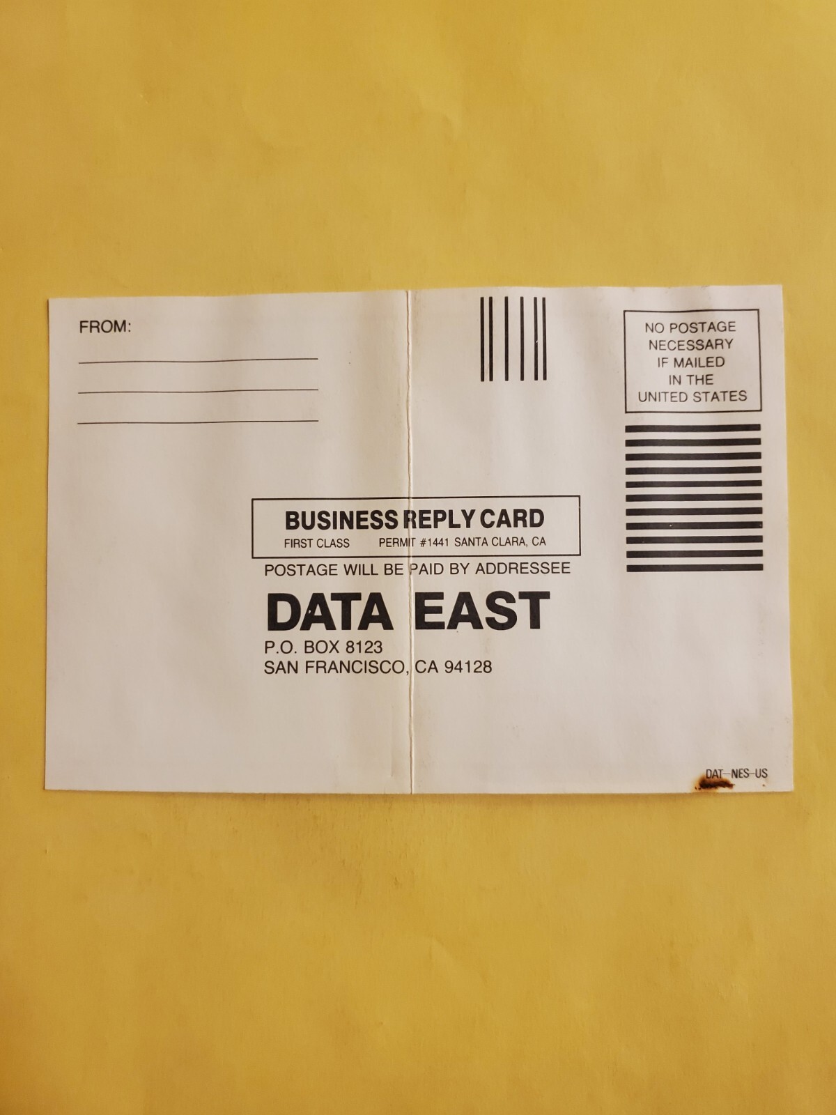 NES Data East Registration Card DAT-NES-US