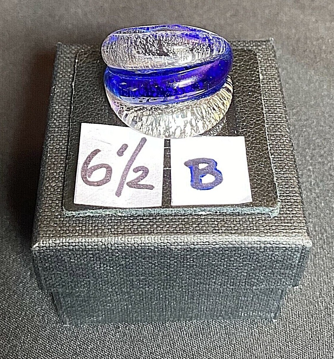 Clear & blue Murano glass WAVE band ring 925 silver leaf Mothers Day Gift Unique