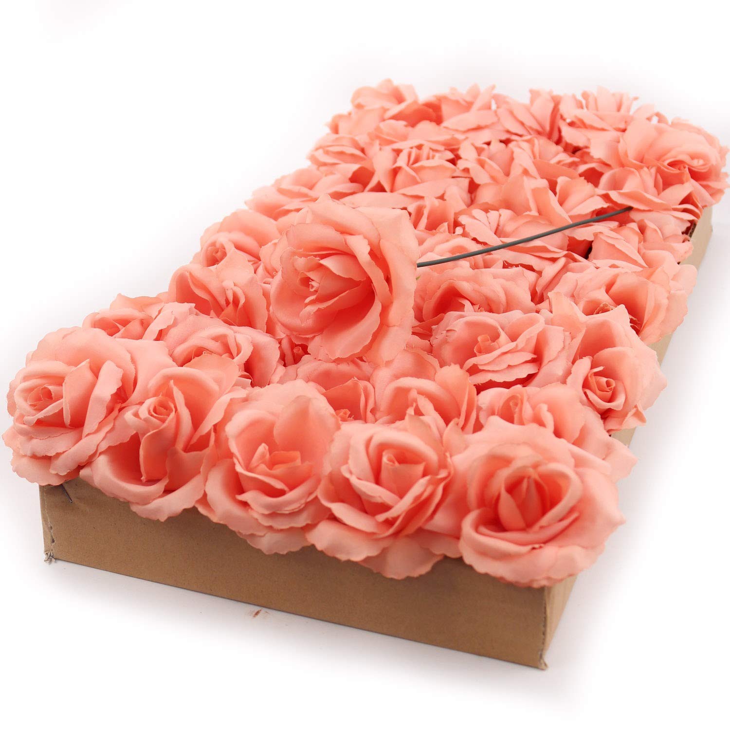 Larksilk Peach Artificial Roses 50pcs, Real Touch Fabric Fake Flowers with St...