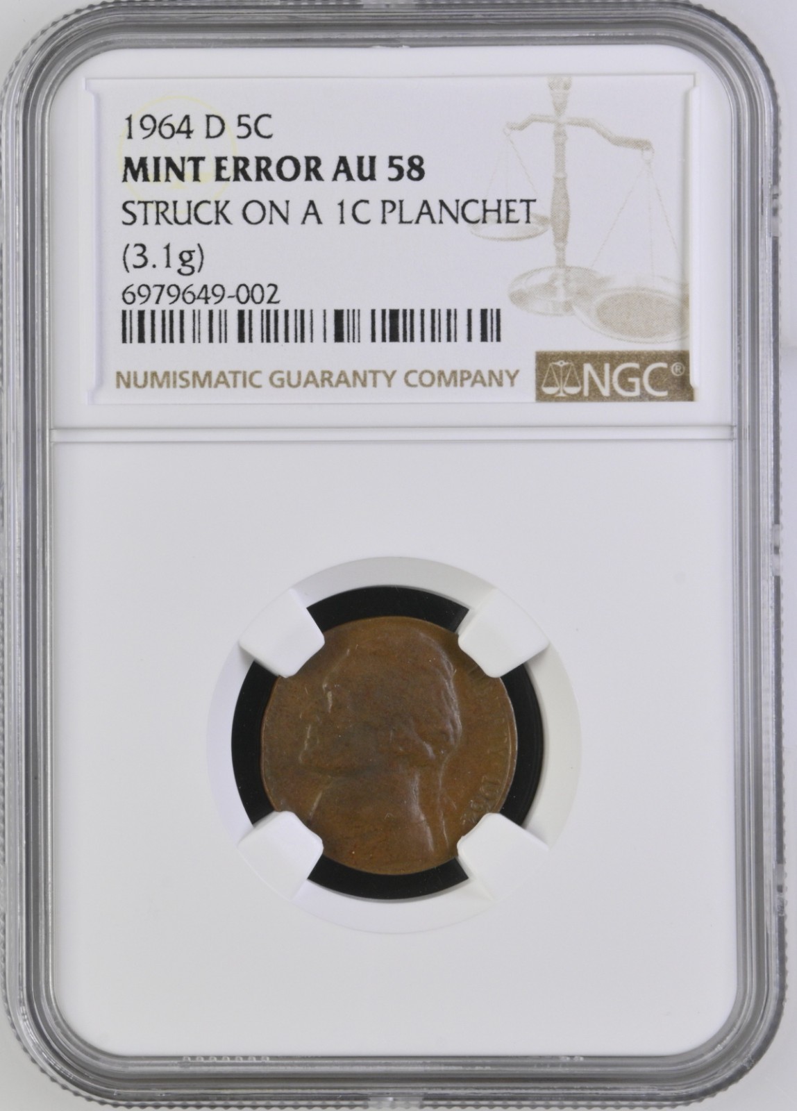 1964 D 5c Nickel Struck On 1c Planchet 3.1g Blank MINT ERROR Full Date