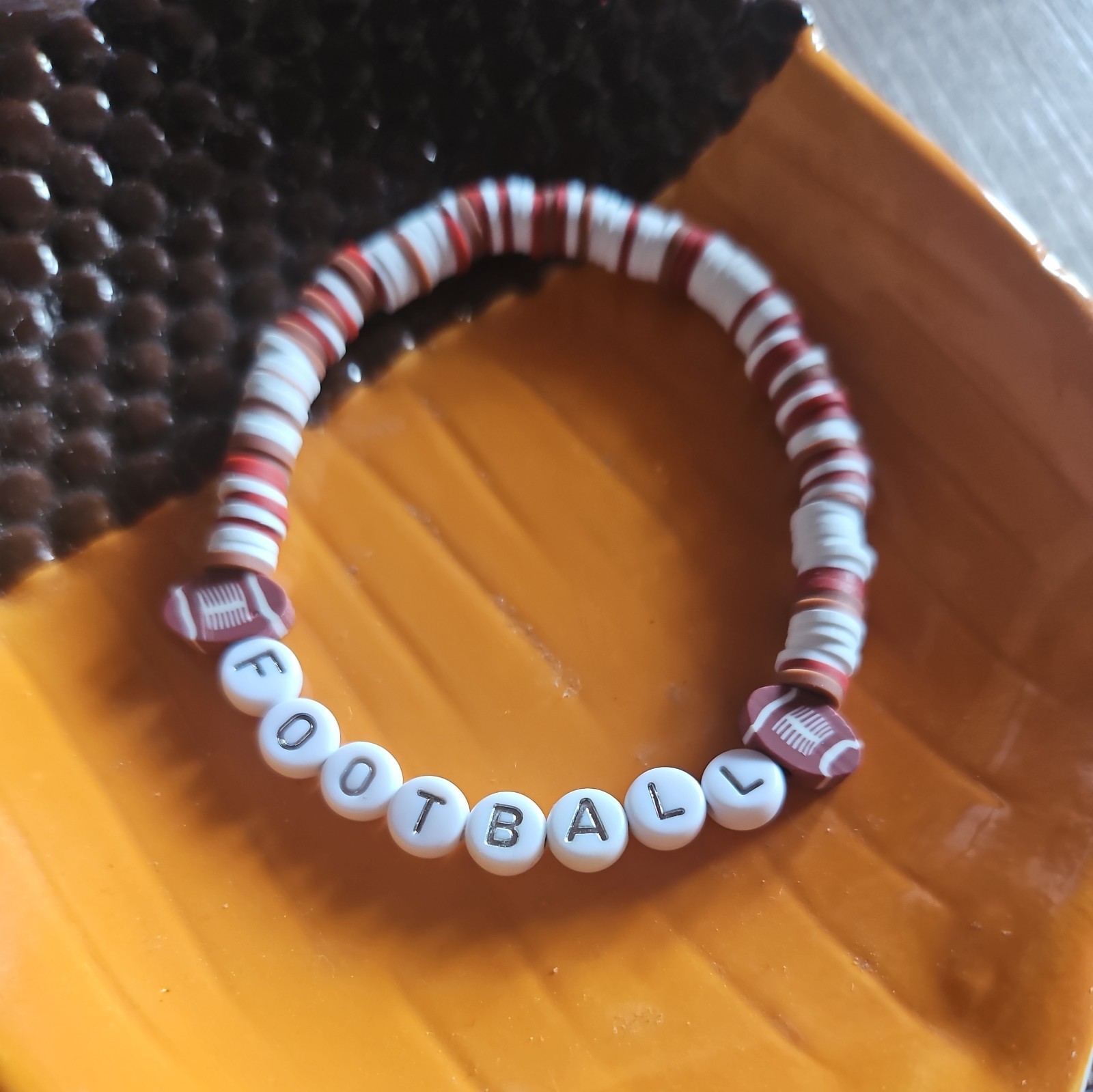 Handmade Stretchy Clay Beaded Bracelet football Carm  7"