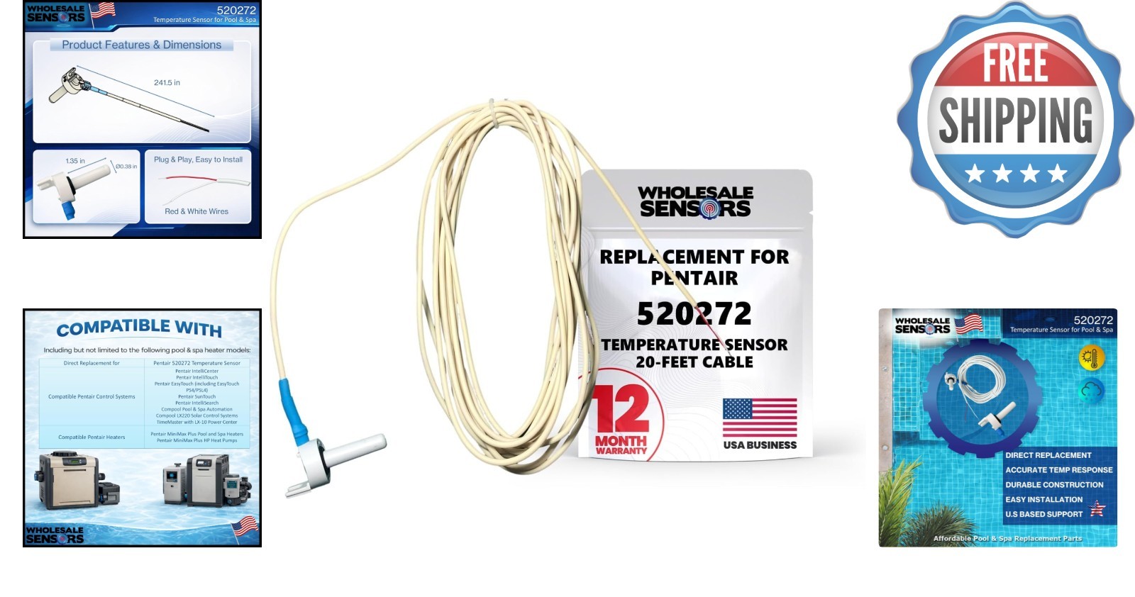 OEM Replacement Temperature Sensor for Pentair Systems - 20FT Cable Included
