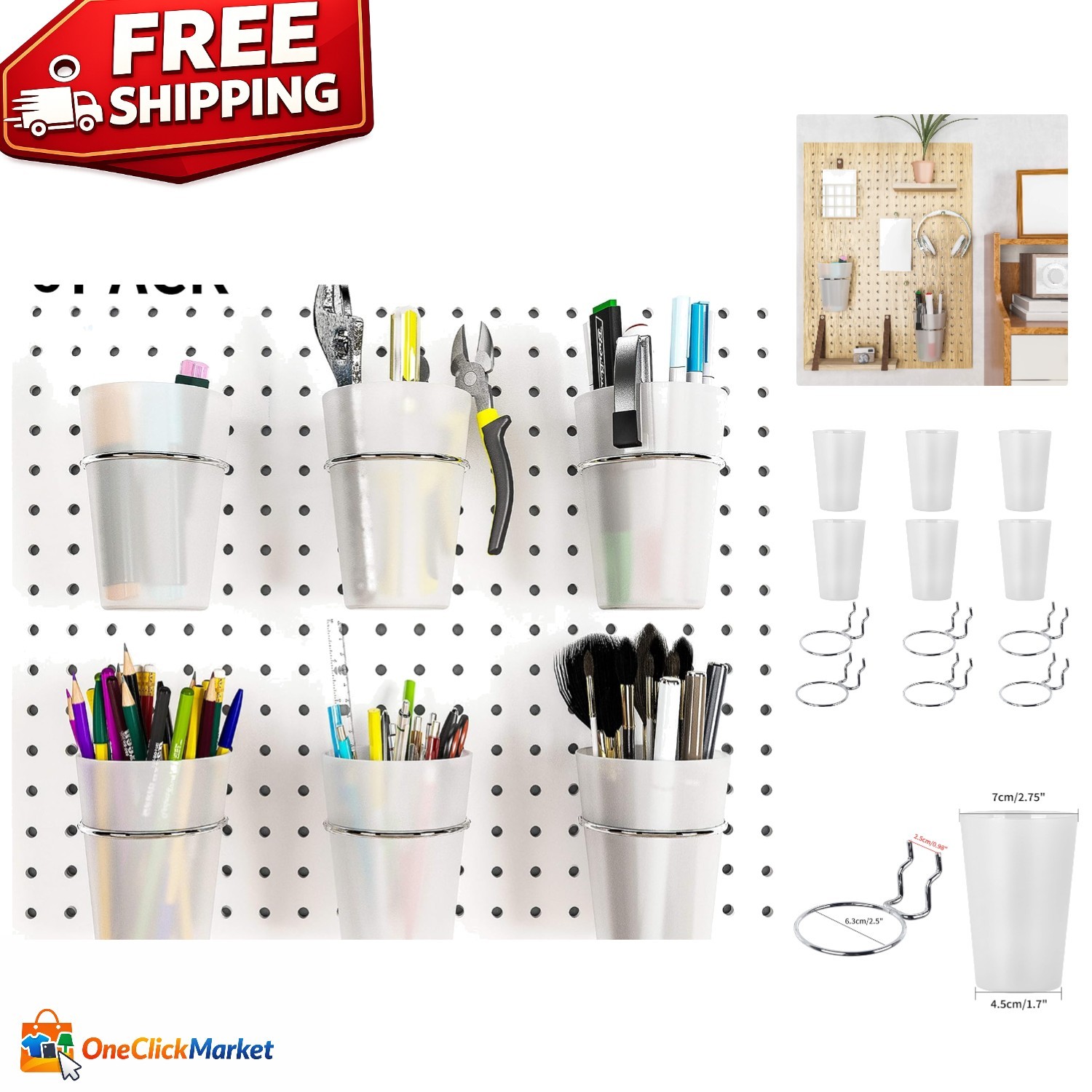 Durable 6 Set Pegboard Hooks with Cups - Ultimate Craft and Tool Organizer
