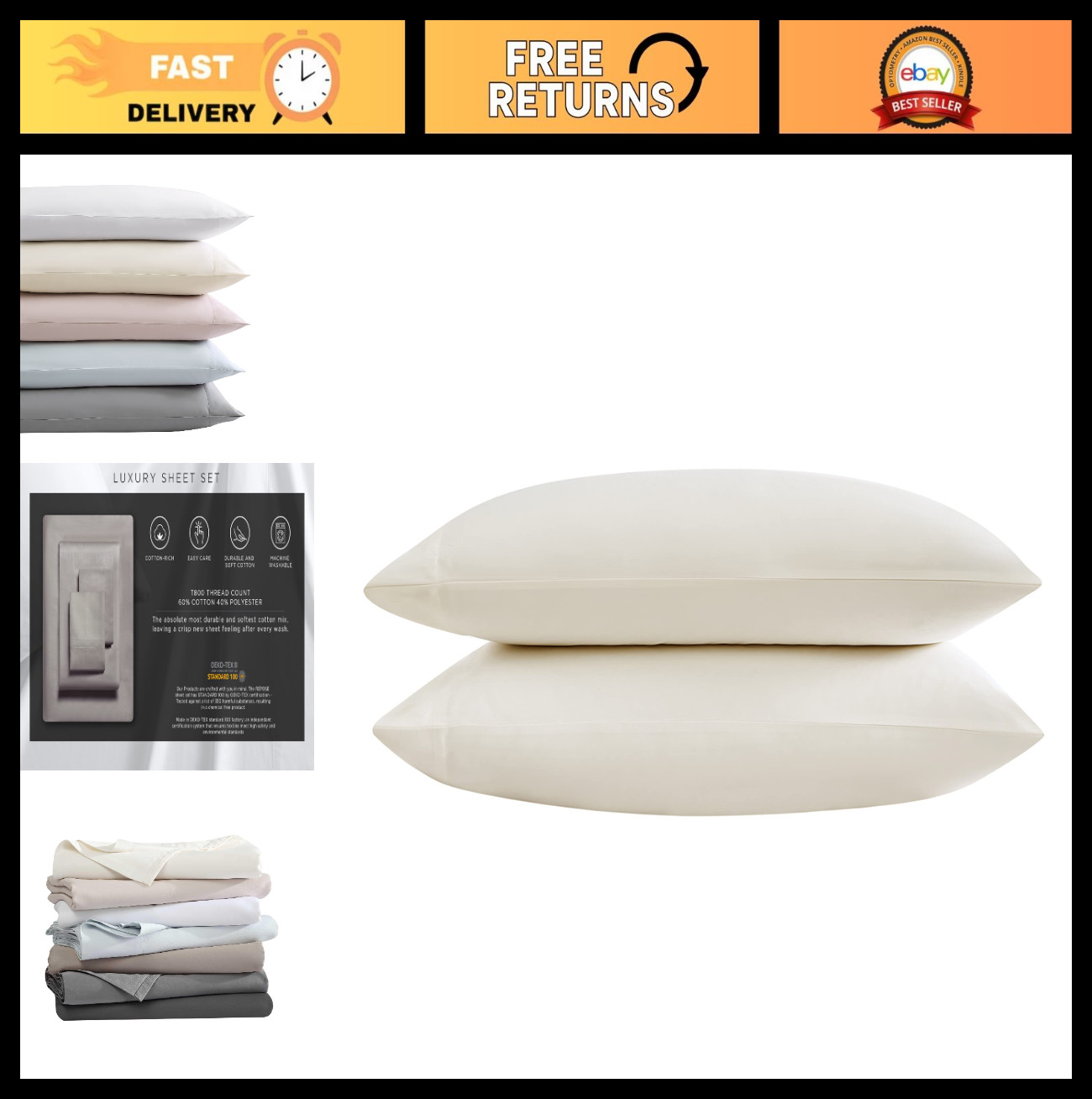 Luxury Sateen Cotton Pillow Case Set, 800 Thread Count, Soft & Smooth Ivory Stan