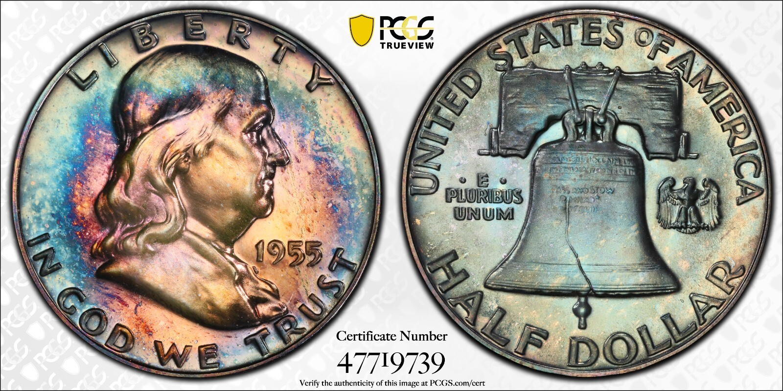 1955 Silver Proof Franklin Half Dollar PCGS PR66 Monster Rainbow Toner