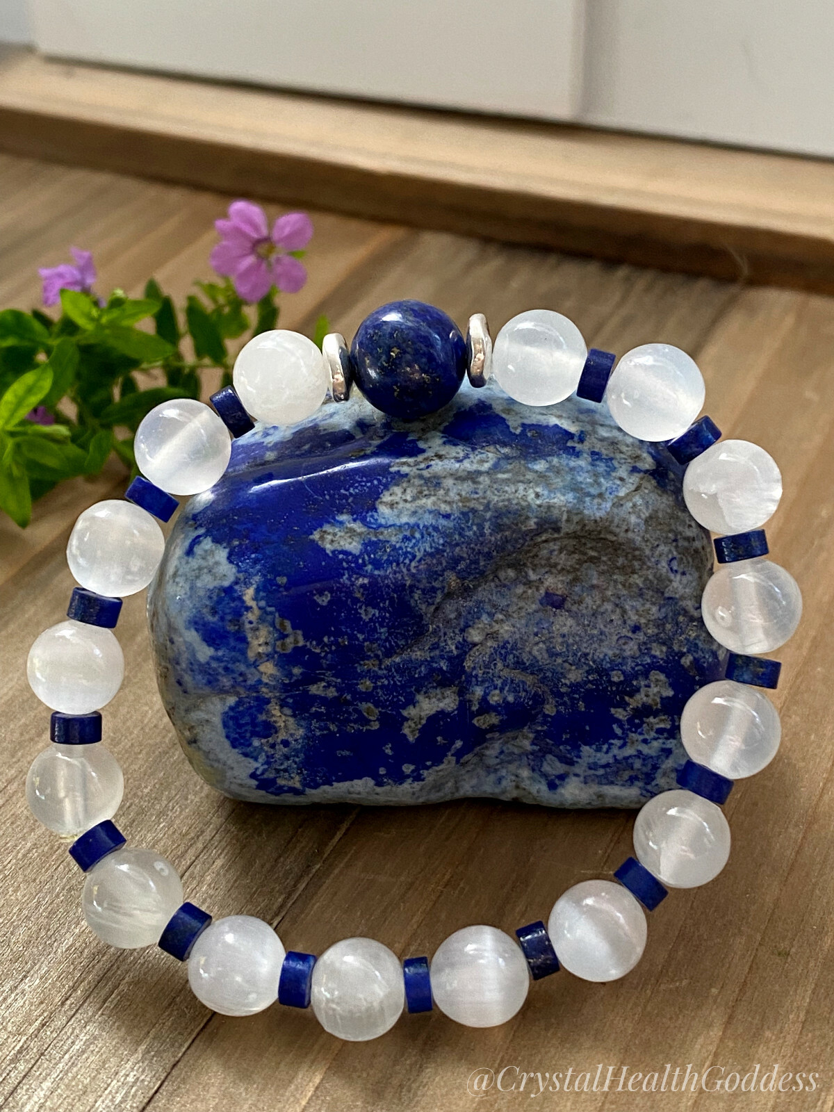 Selenite Lapis Lazuli Bracelet 925 Sterling Silver