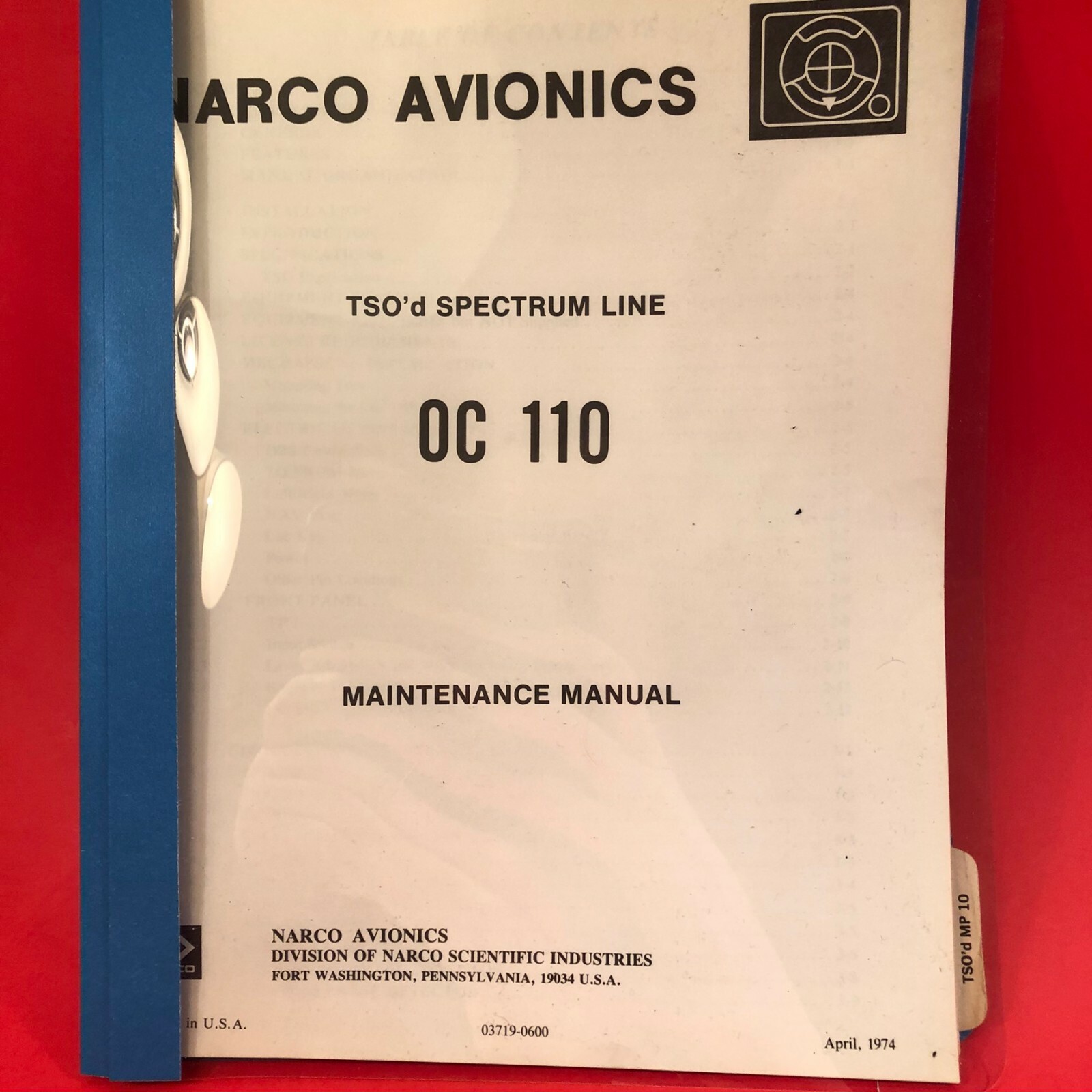 1974 Narco TSO'd Spectrum Line OC 110 Maintenance Manual 03719-0600