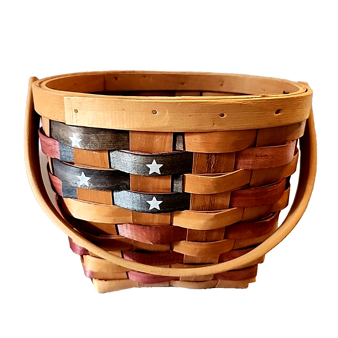 American Flag Oval Basket with Handle 7.5" Tall Patriotic Wooden