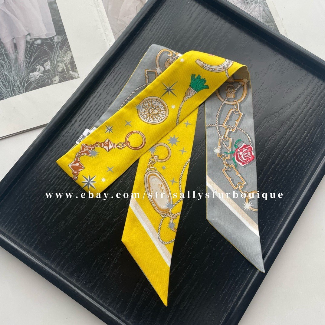 Sallys 18 Momme Twill Silk Scarf Ribbon Skull Print Hair Bag Neck Tie 85*5cm