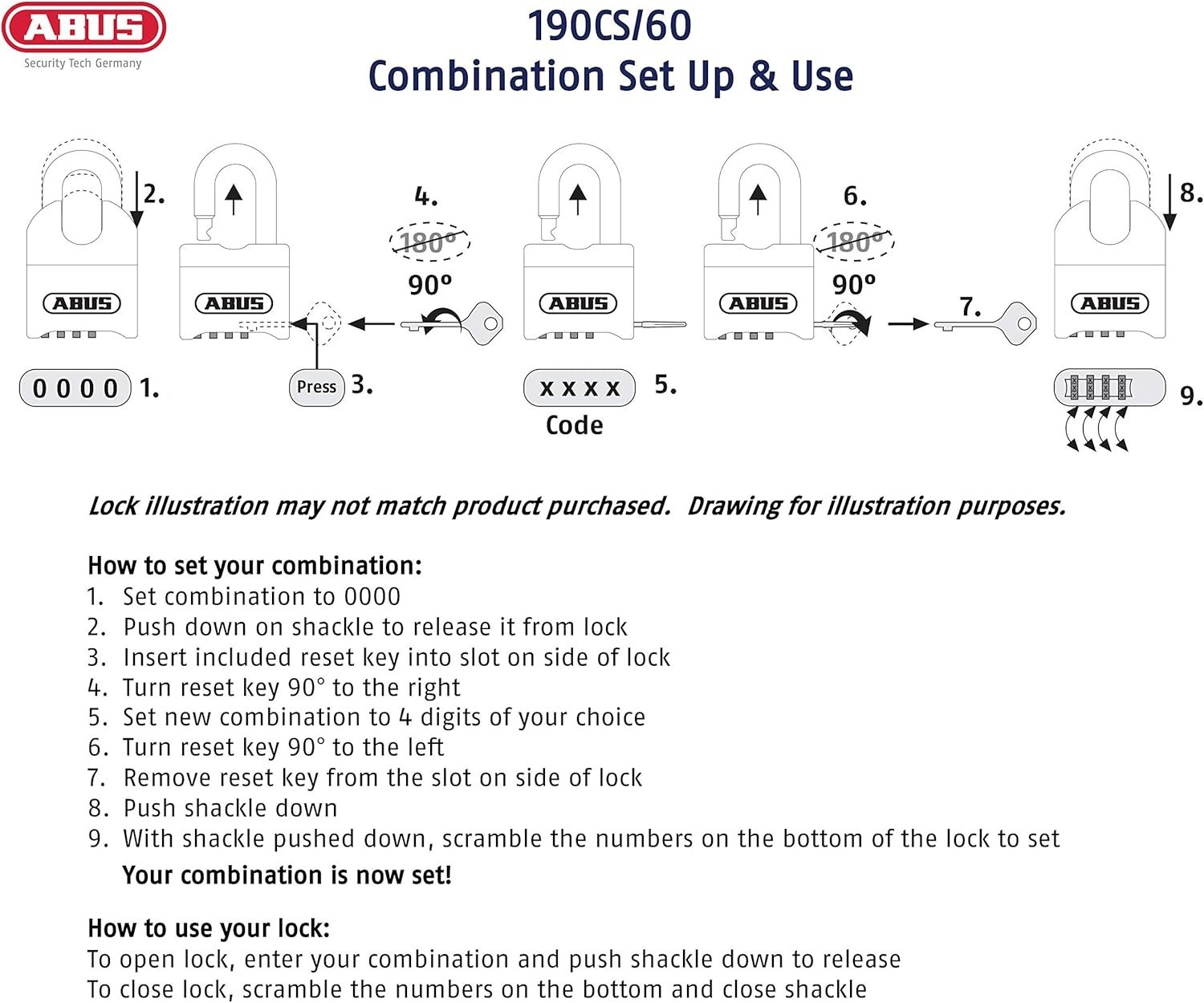 190CS/60 Heavy Duty Solid Steel Combination Padlock - Black, 4 Dial Security