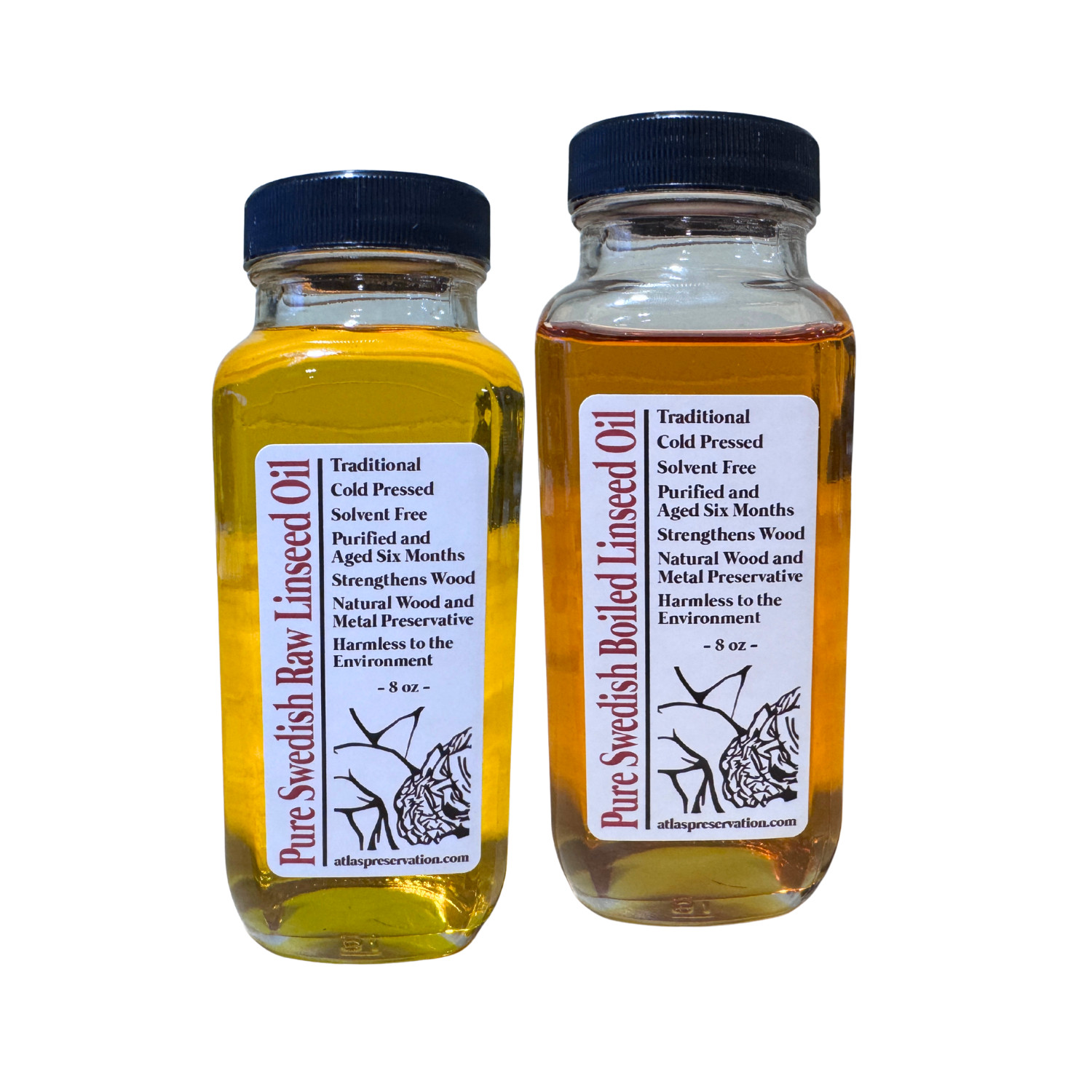 Pure Swedish Linseed Oil COMBO - 8oz Raw + 8oz Boiled Glass Jars