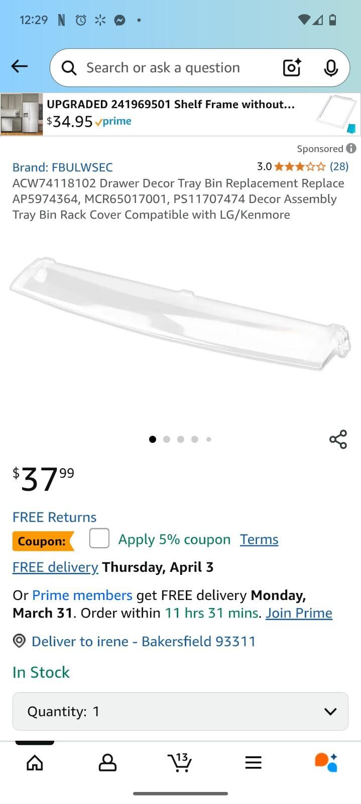 ACW74118102 Drawer Decor Tray Bin Replacement Replace AP5974364,
