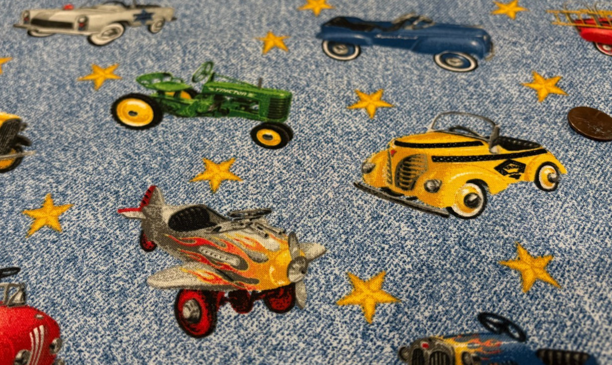 Pedal Cars *Colorful*on Blue*Yellow Stars* Fabric Traditions* 100% Cotton*8"x22"