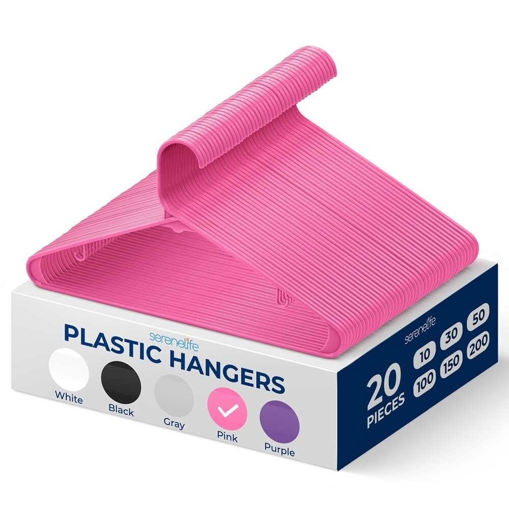 Serenelife 20 Pcs. Plastic Hangers - Non-Slip, Sturdy w/ 360° Swivel Hook (Pink)