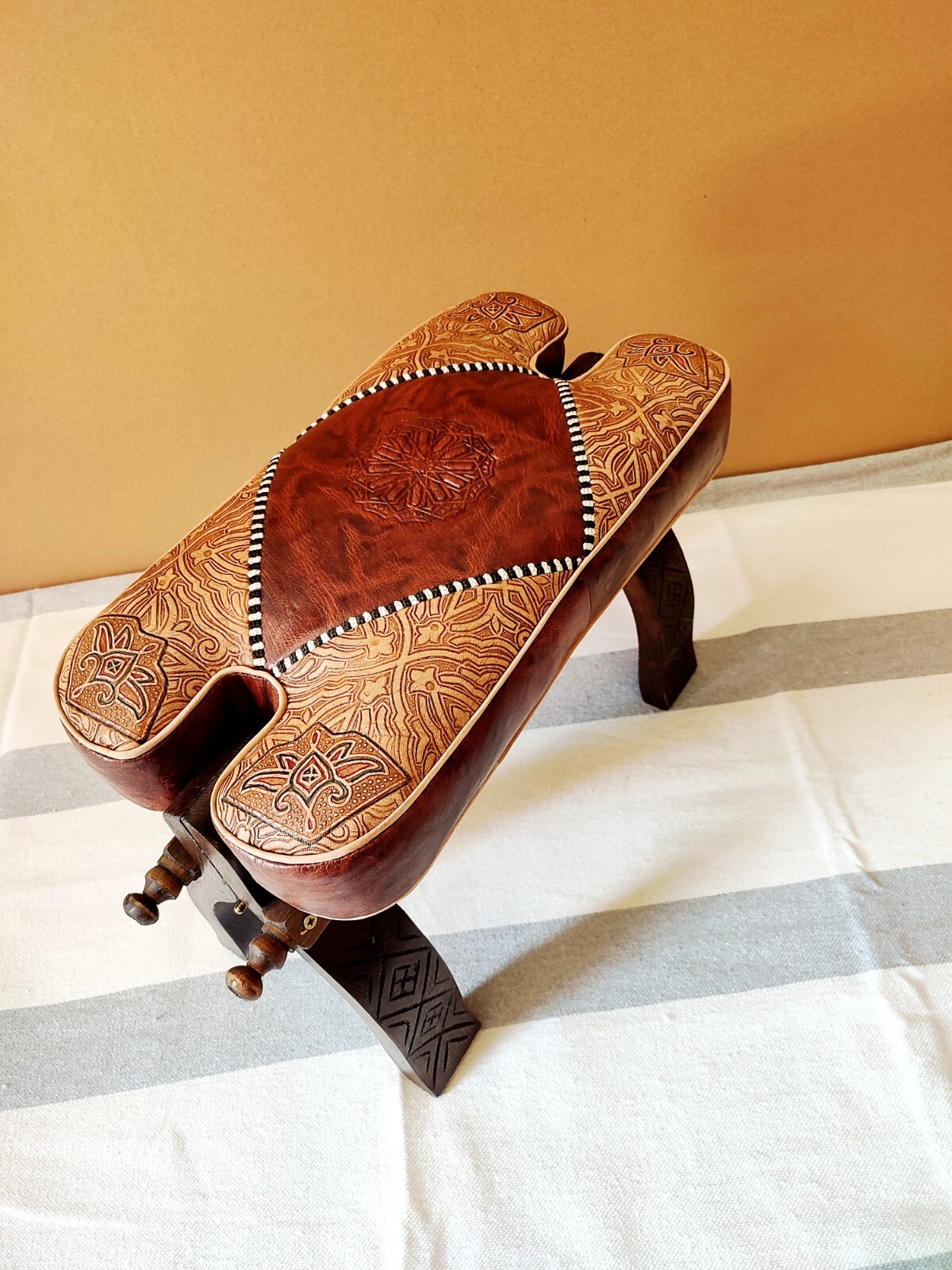 Camel Saddle Stool, Wooden Saddle Stool With Genuine Leather Pad.
