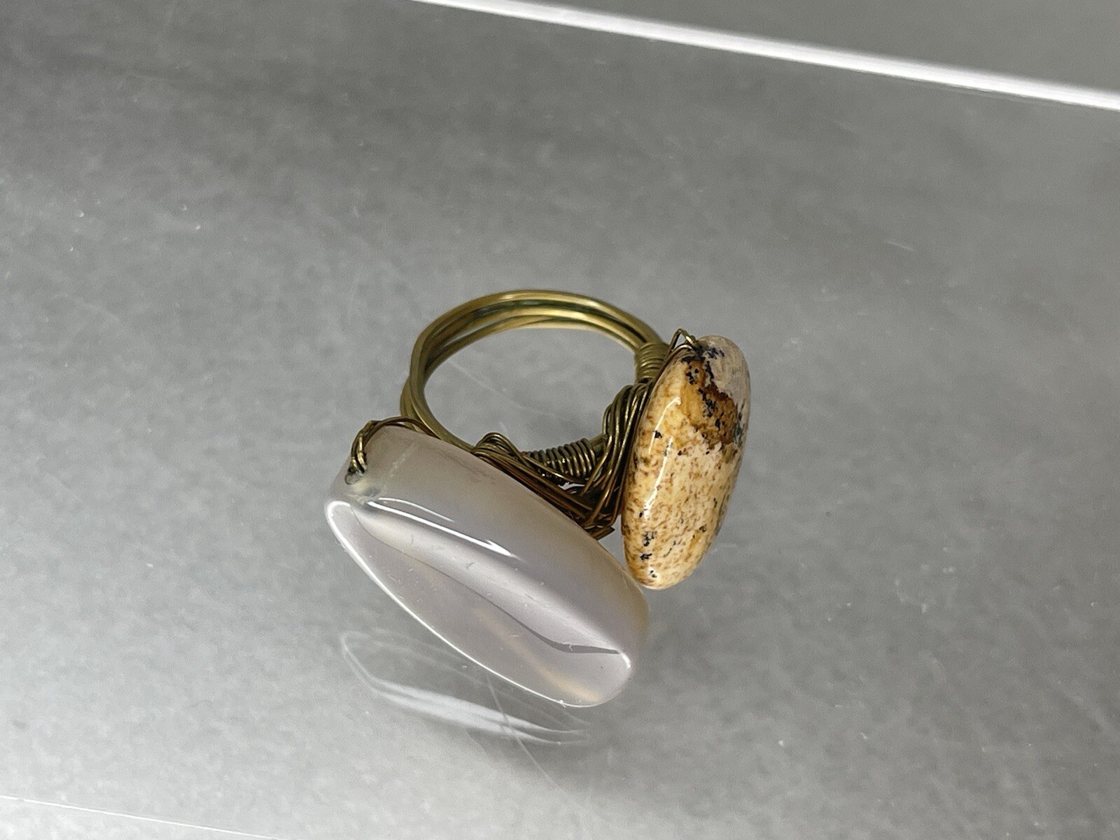 Double Stone Gold Wire Wrapped Ring Handmade Art Grey Brown Size 6.5