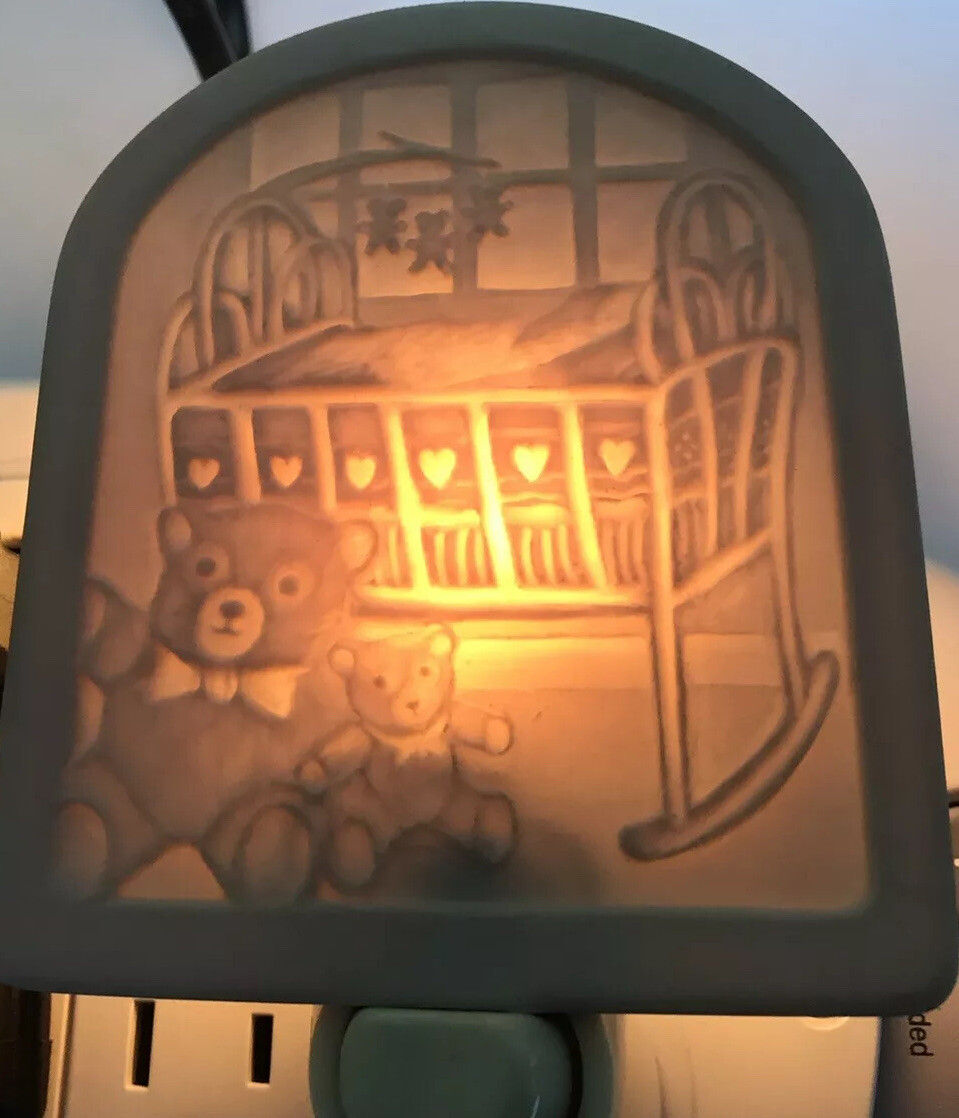 Porcelain Garden Lithophane Night Light Nursery Cradle, Baby & Teddy Bear NOS
