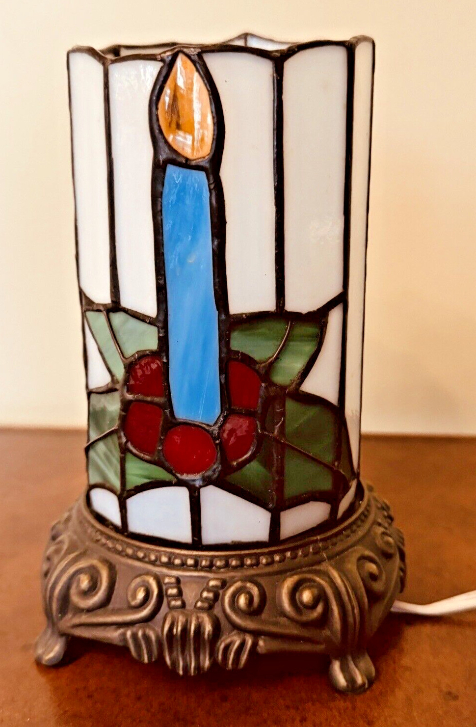Holiday Night Light Candle Metal Base  Poinsttia Candle Tiffany Style