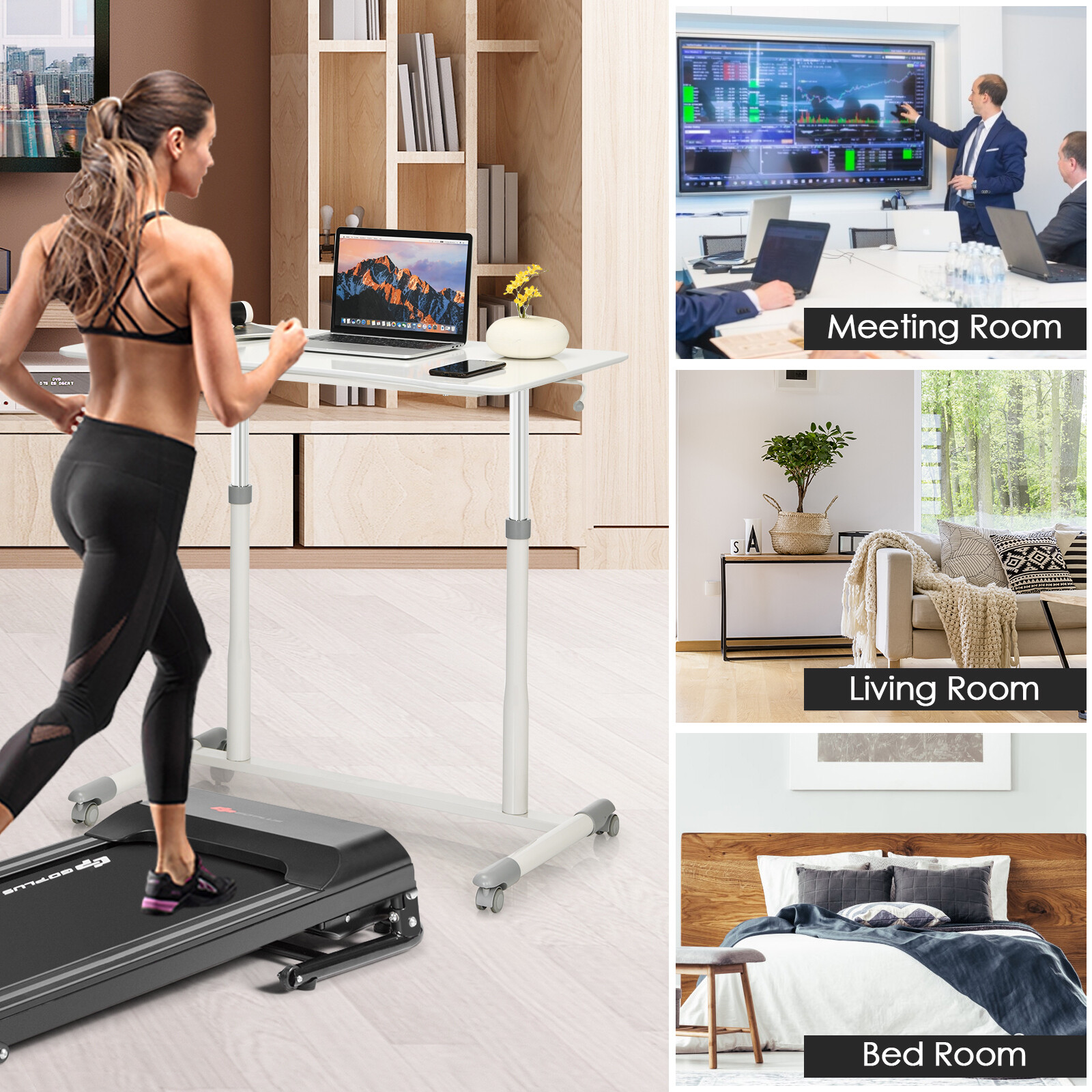 Costway Height Adjustable Computer Desk Sit Stand Rolling Notebook Table White