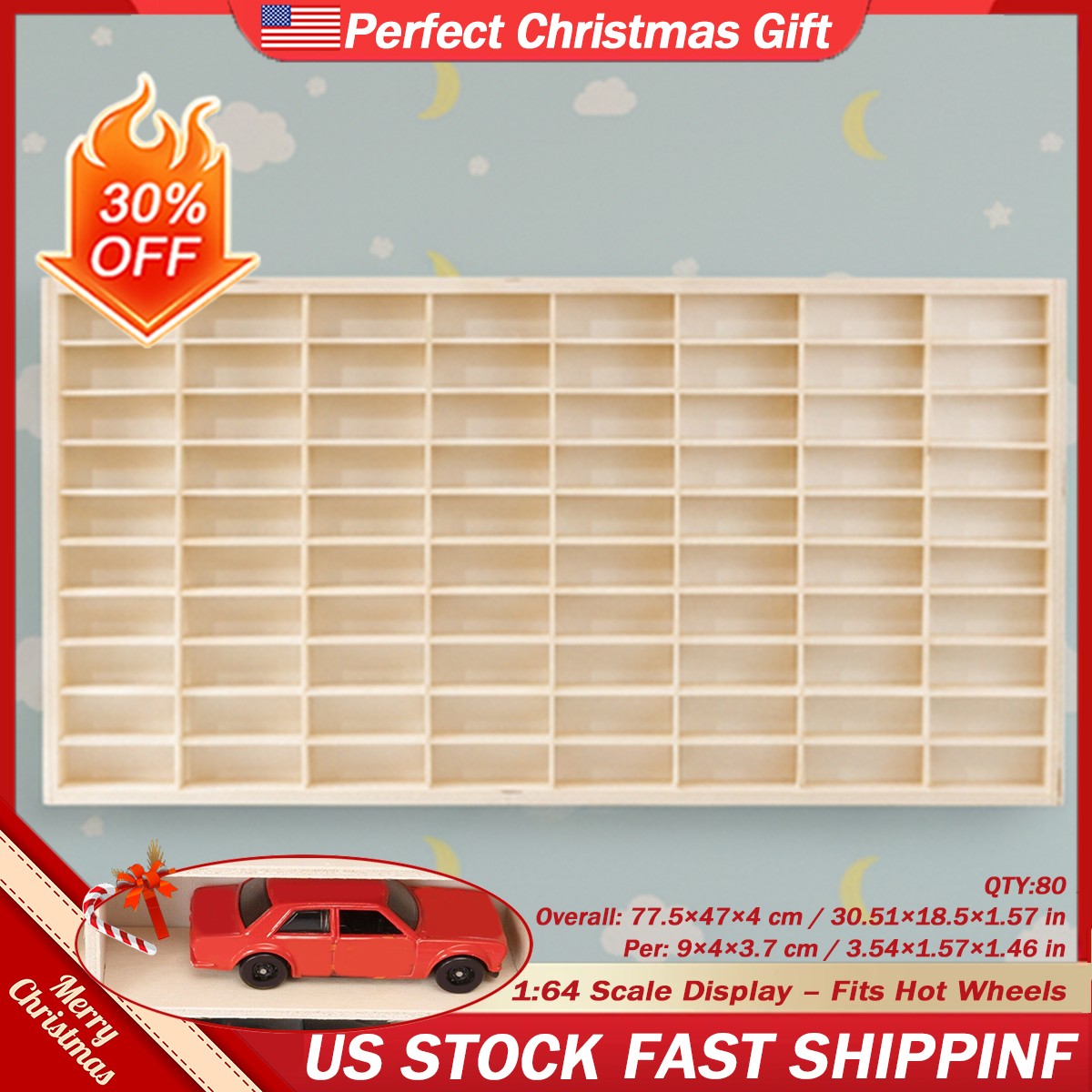 80 Grids for Hot Car Models 1:64 Diecast Car Matchbox Wood Display Shelf Storage