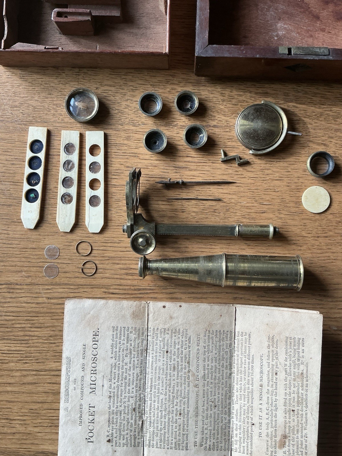 Antique CARY - GOULD Circa 1830 Brass Pocket Microscope - Complete Set