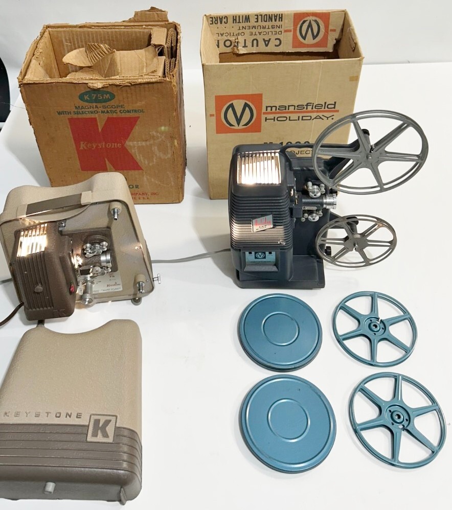 Mansfield Holiday M-1000 & Keystone K75M 8mm Movie Projector w/ Box Lot of 2