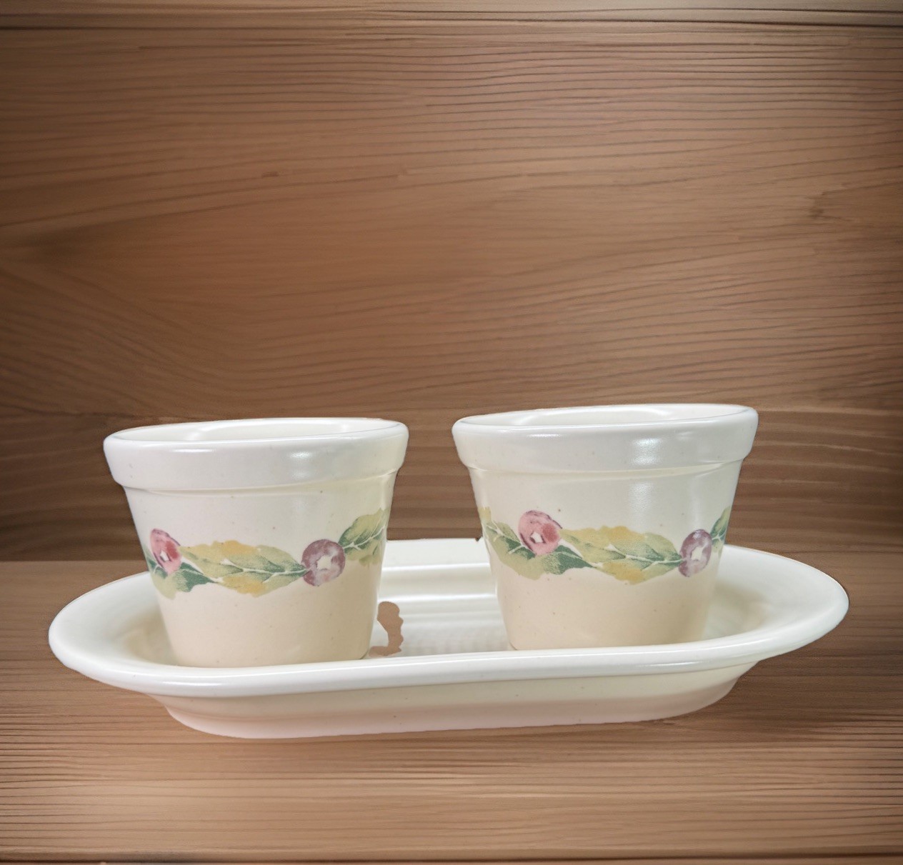 Pfaltzgraff Jamberry 2 Herb Pots & Undertray 3” Stoneware USA Plants Vintage