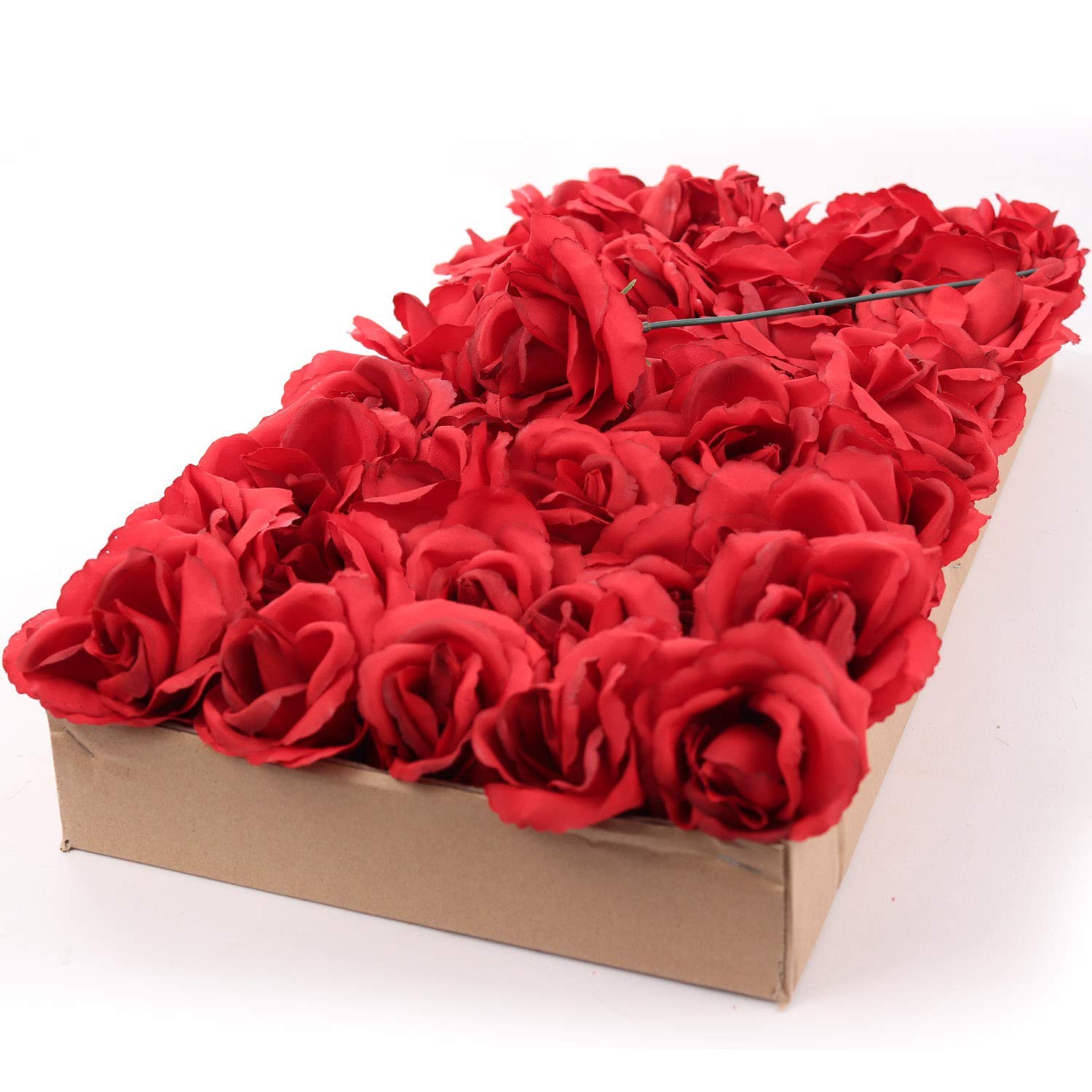Larksilk Red Artificial Roses 50pcs, Real Touch Fabric Fake Flowers with Stem...