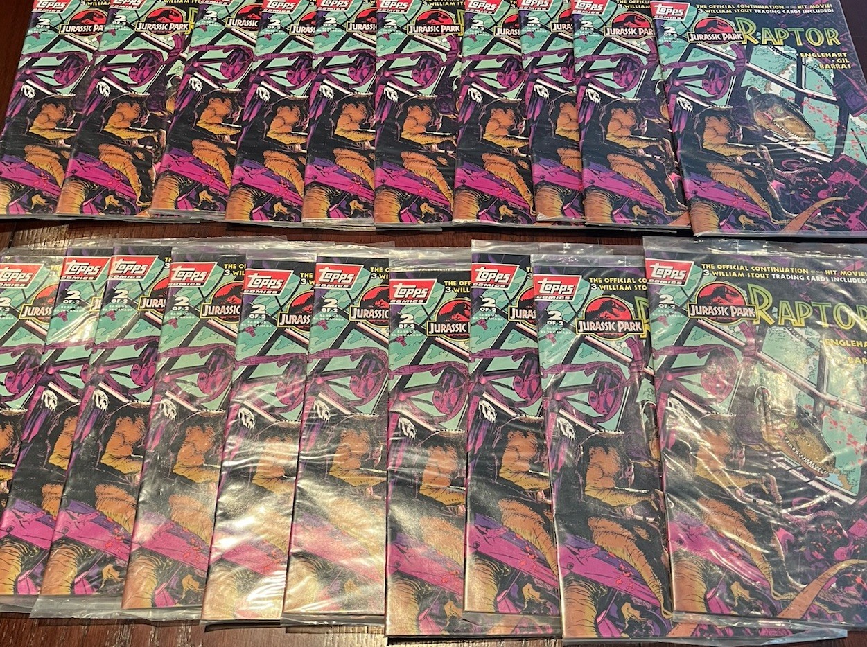 Lot Of 20 NEW CELLO WRAPPED VTG Jurassic Park Raptor #2. W/CARDS Topps Comics
