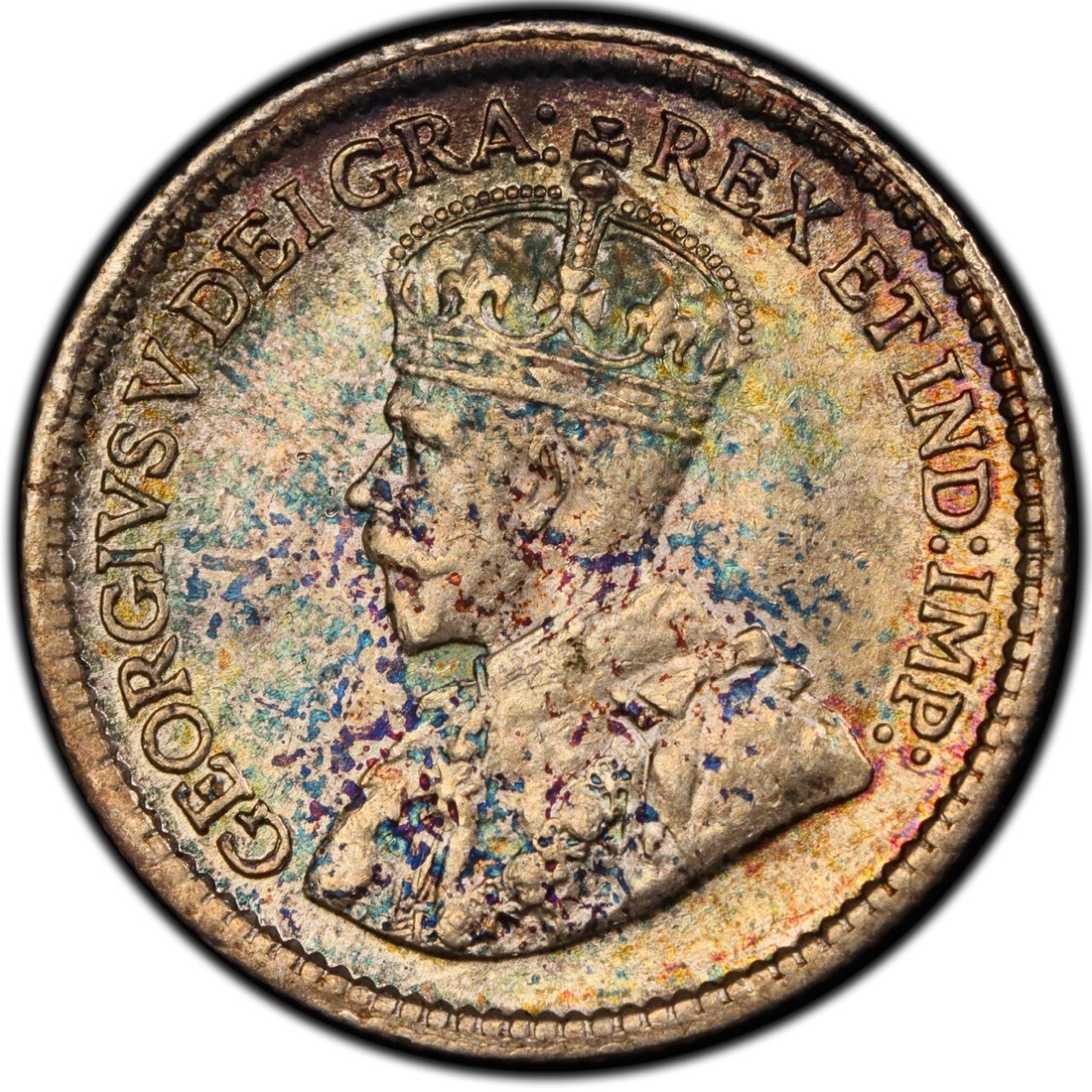 AU58 1914 Canada Silver 5 Cent, PCGS Trueview- Rainbow Toned