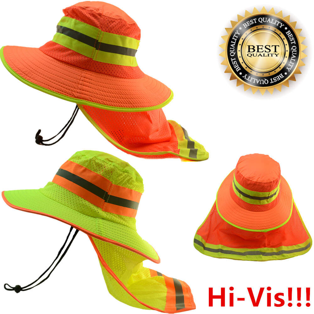 Hi Vis Reflective Sun Safety Working Breathable Bucket Cap Neck Flap Boonie Hats