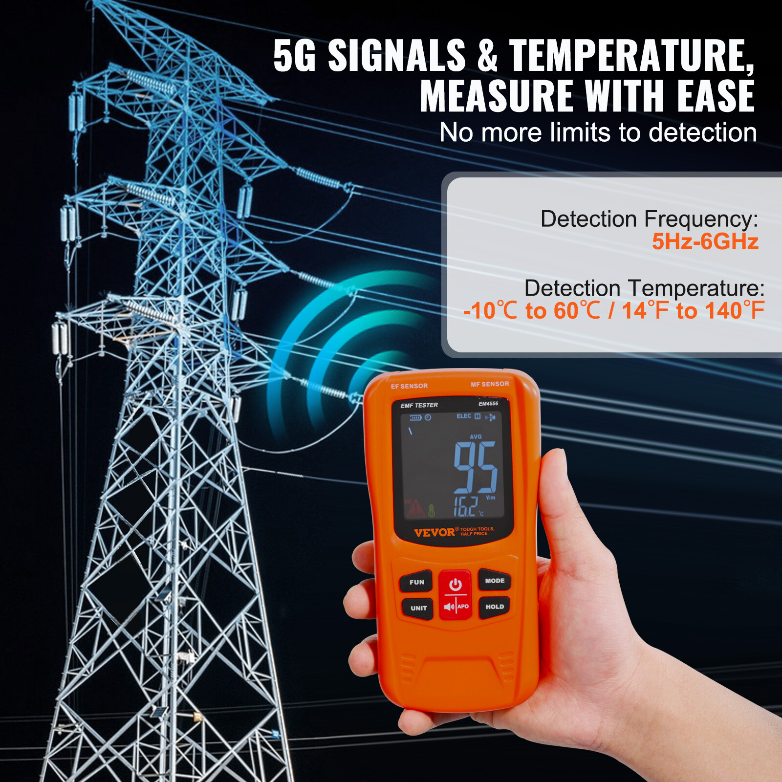 VEVOR Digital LCD 3-in-1 EMF Meter Electromagnetic Radiation Detector RF 5G