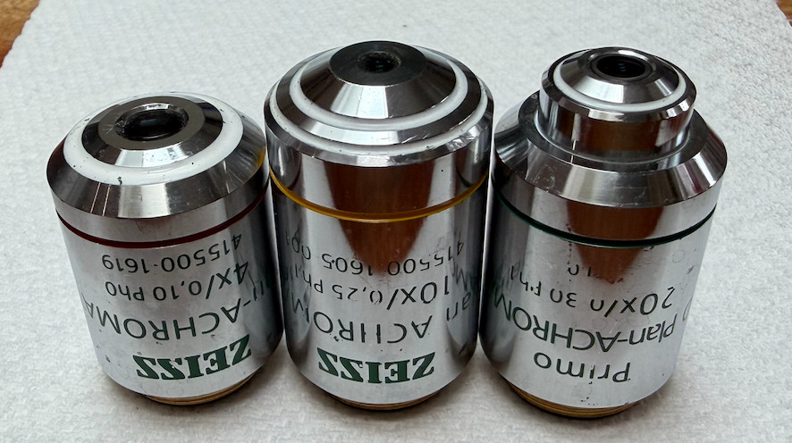 Zeiss Objectives Primo Plan-Achromat, lot of 3 (4x, 10x, 20x)!!!!!!!!!