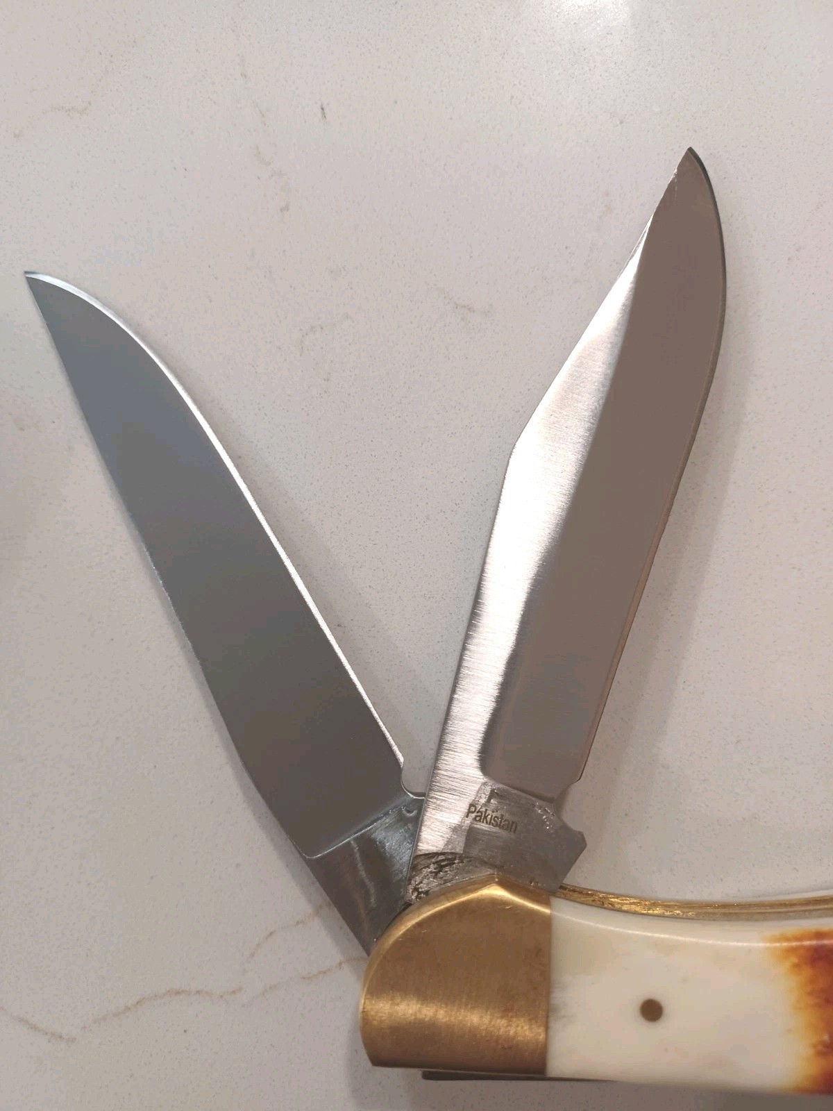 Copperhead Folder Bone Handle Brass Bolster 2 Blade Leather Sheath Well Made.