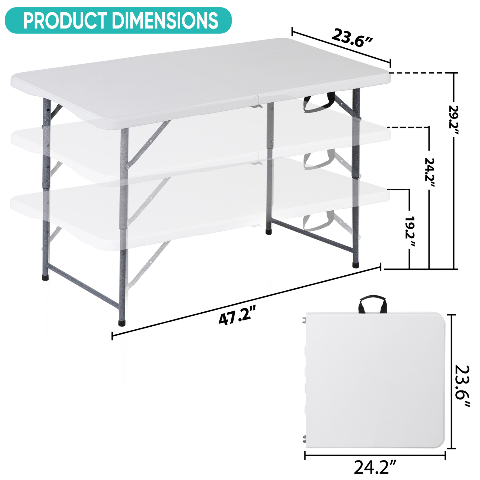 4ft Folding Table Foldable Legs & Adjustable Height Utility Camping Table White