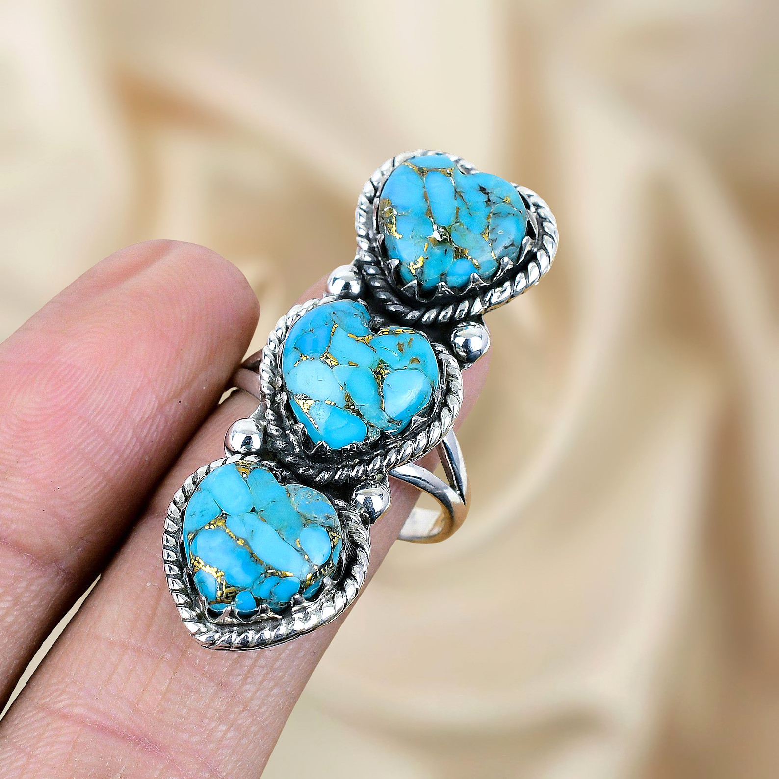 Copper Turquoise Gemstone Ring 925 Sterling Silver Ring Silver Statement Ring