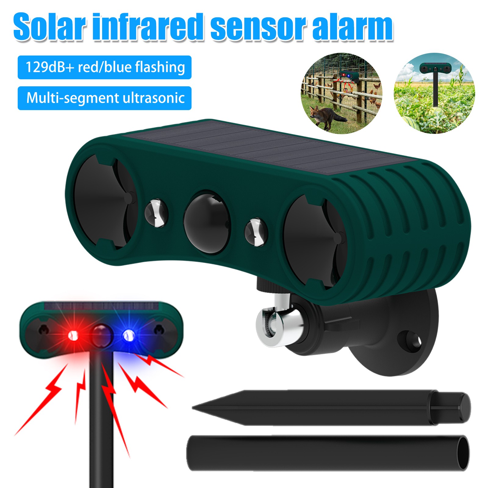 Solar Outdoor Motion Sensor Alarm 2*130db Ultrasonic Siren Motion Detector Alarm