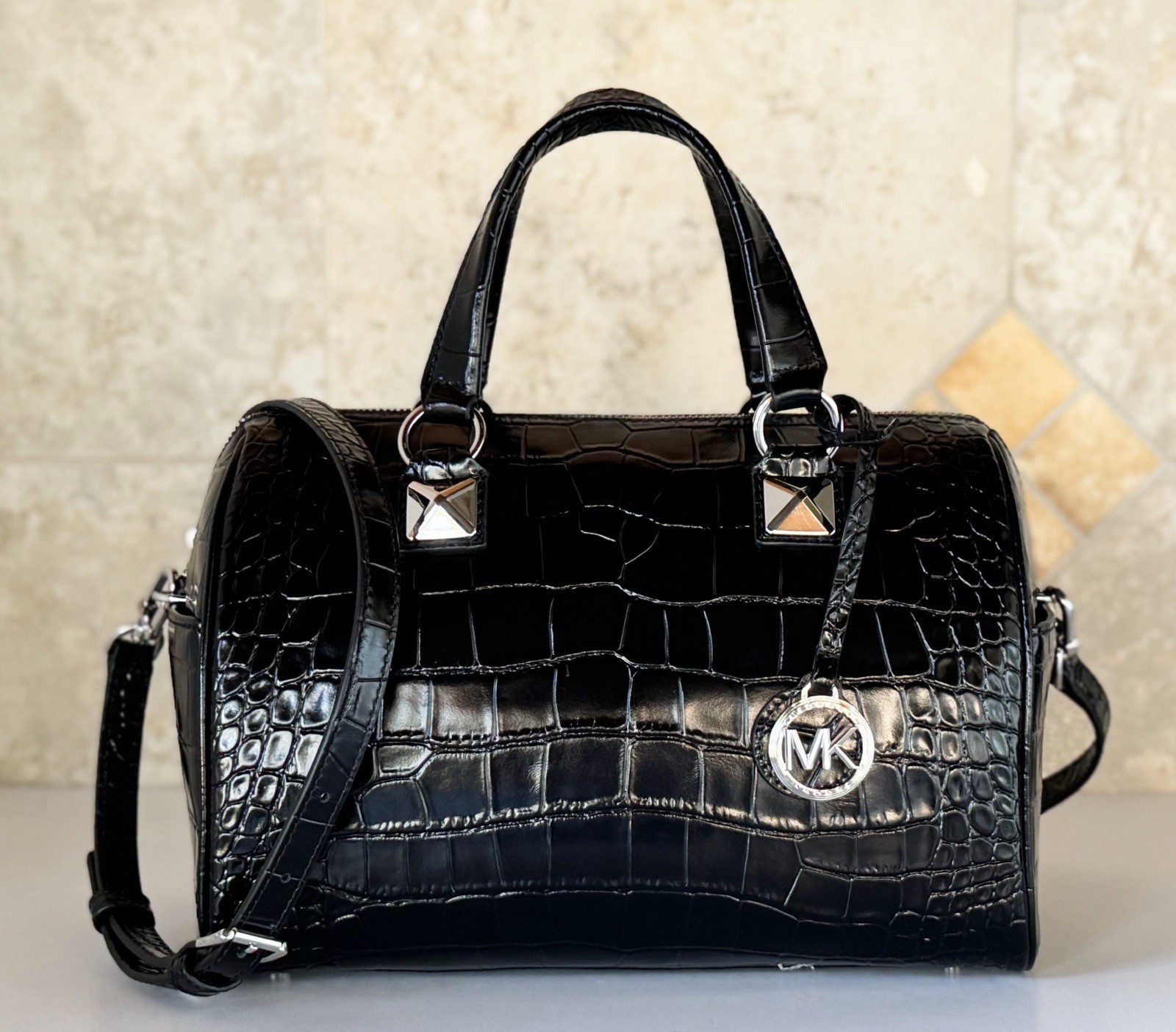 Michael Kors Grayson Medium Satchel Shoulder Exotic Embossed Leather Bag Black