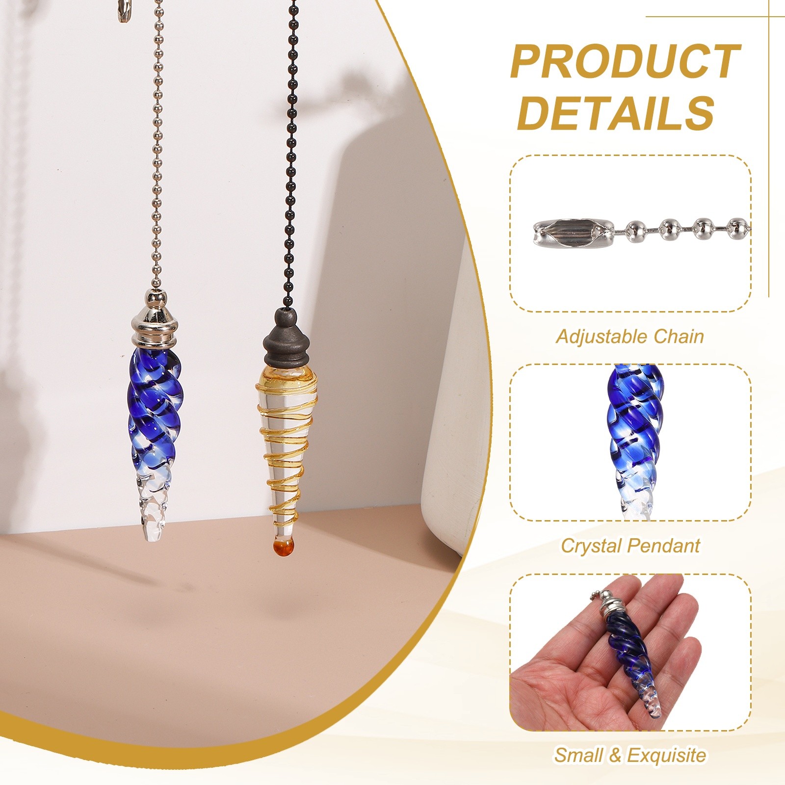 2 Pcs Crystal Ceiling Fan Pull Chain Extender 15 Inch for Light, Blue