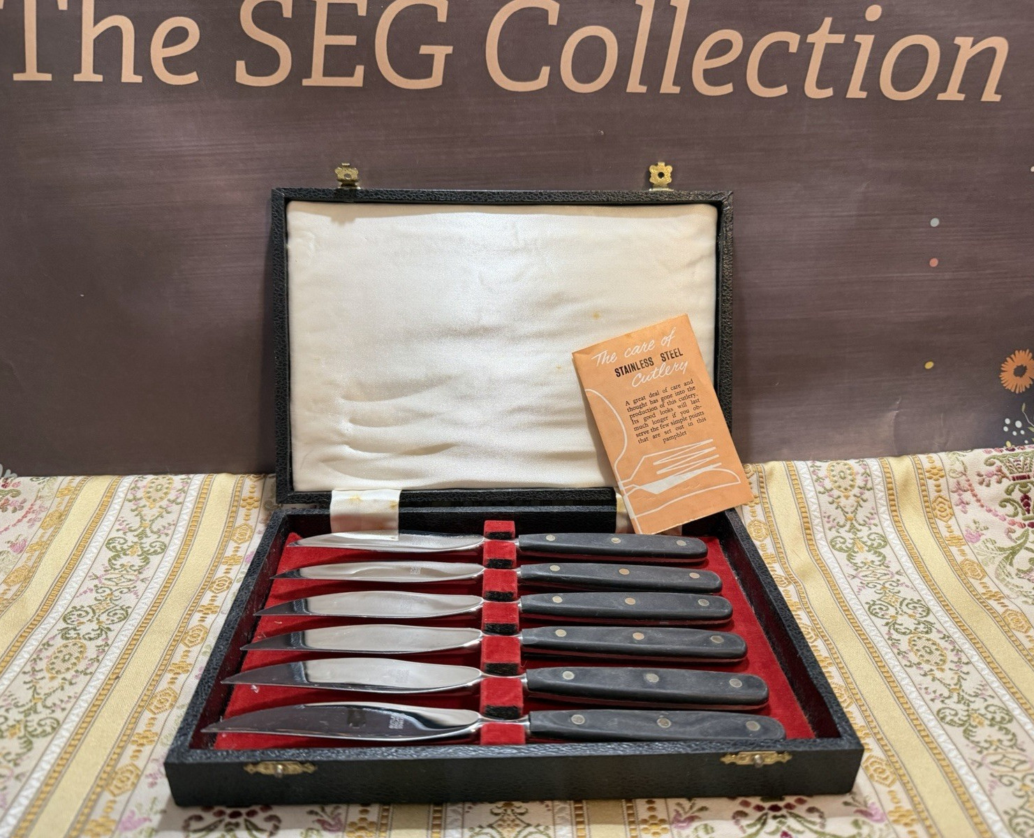 Butler MCM Stainless England Wood Handled Steak Knives Knife SET of 6 w/ Case