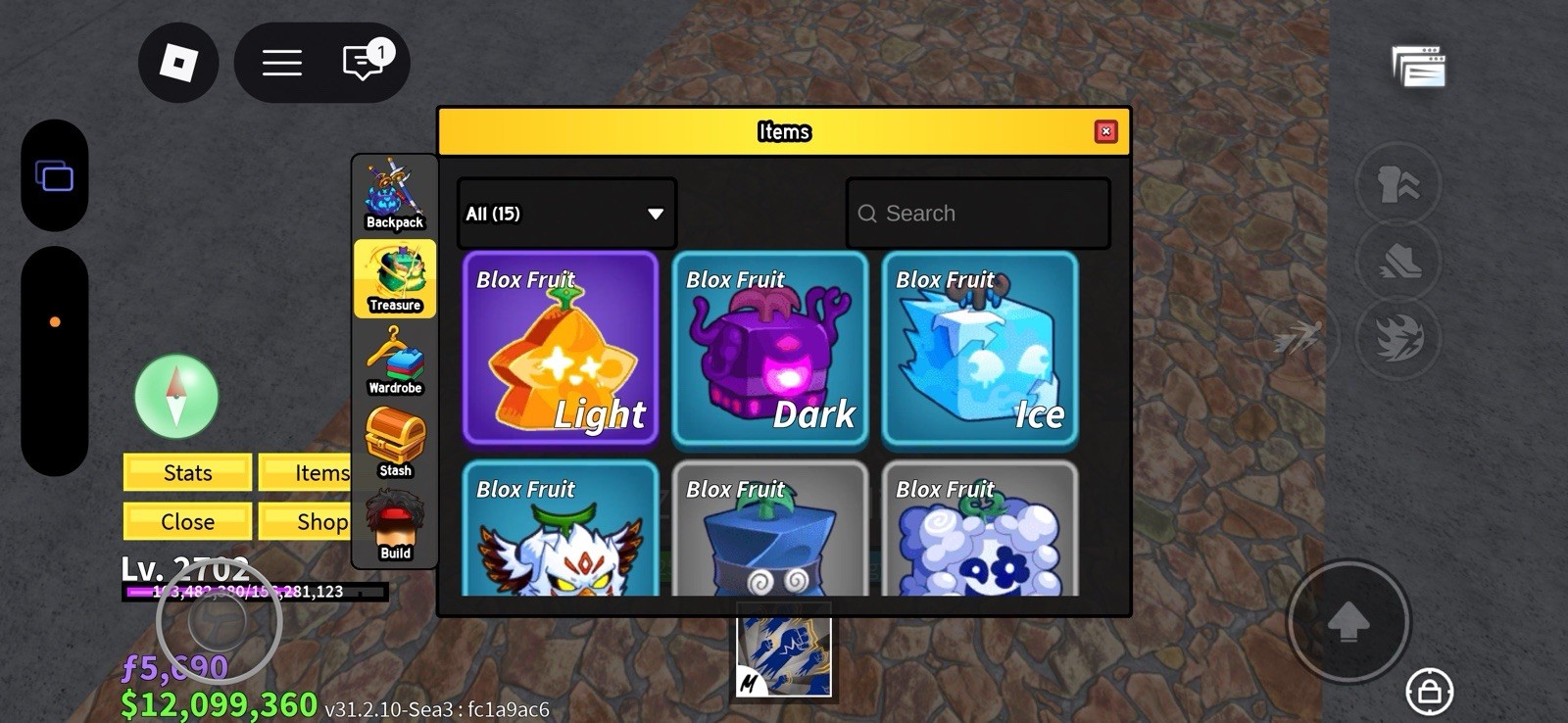 Blox Fruit Sea 3 Inventory:2 random mythical Creation Light Dark Ice Smoke