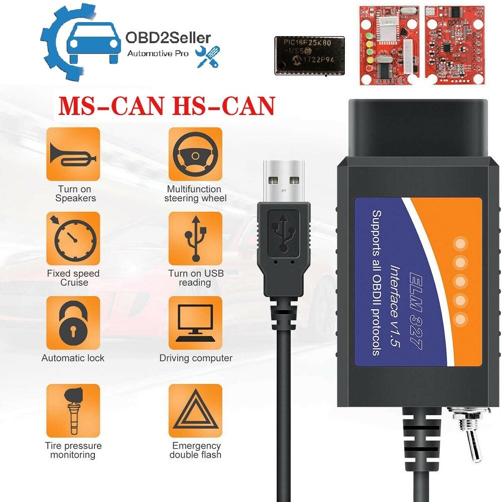 USB Scan ELM327 V1.5 OBD2 Adapter USB Diagnostic Tool Cable MS/HS CAN for Ford