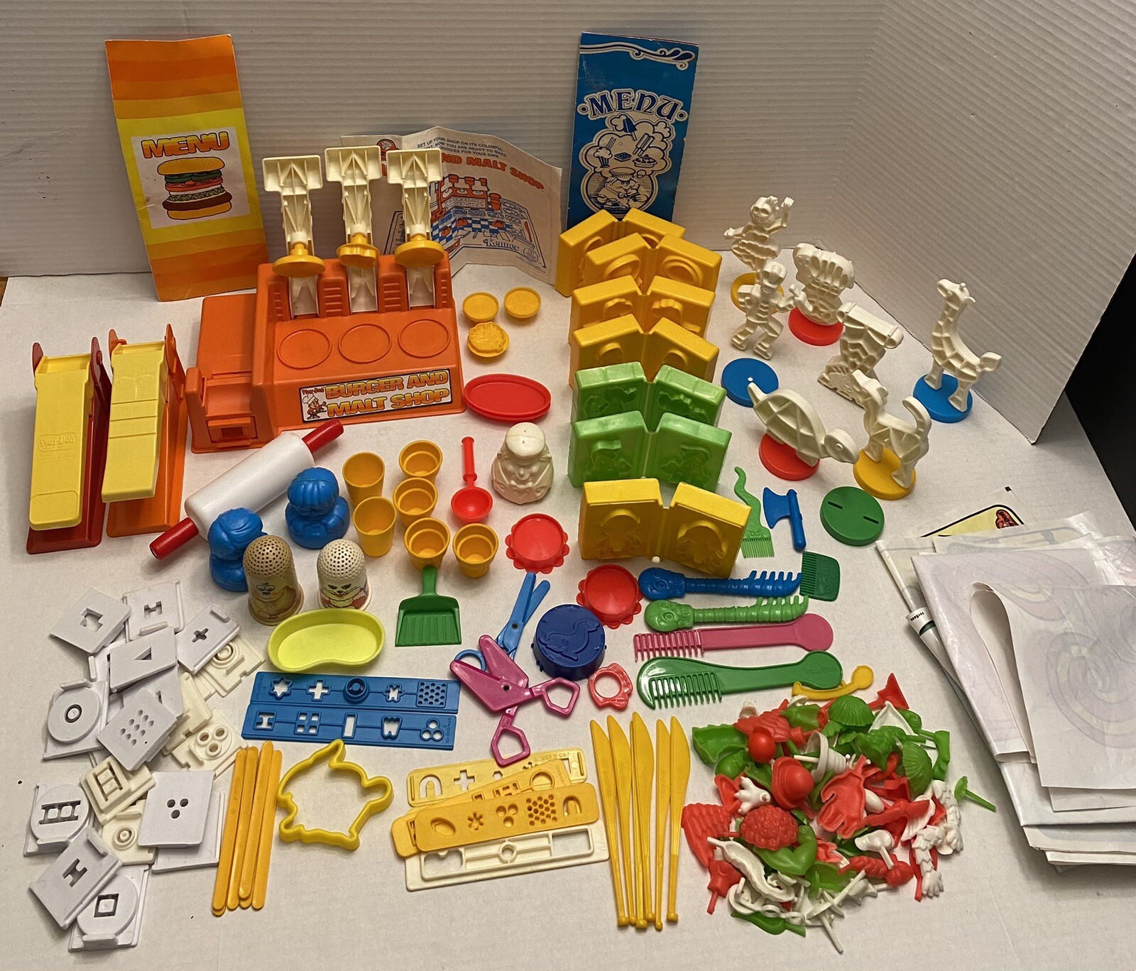 Vintage Play Doh Accessory Lot Smurf Circus Fun Factory Burger Malt Fuzzy Pumper