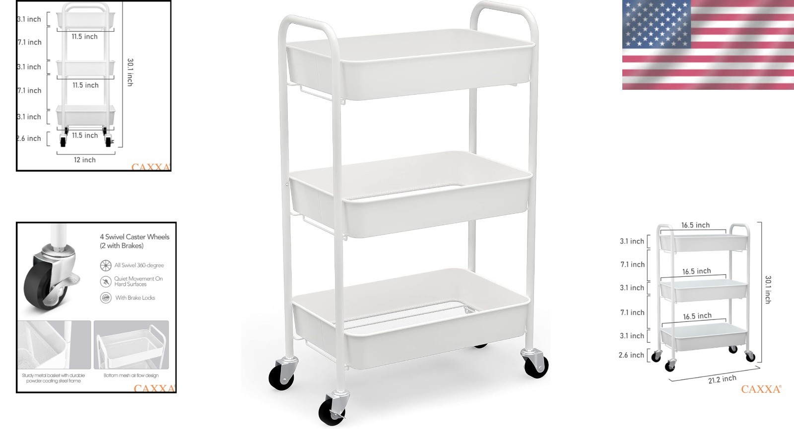 3-Tier Rolling Metal Storage Organizer - White