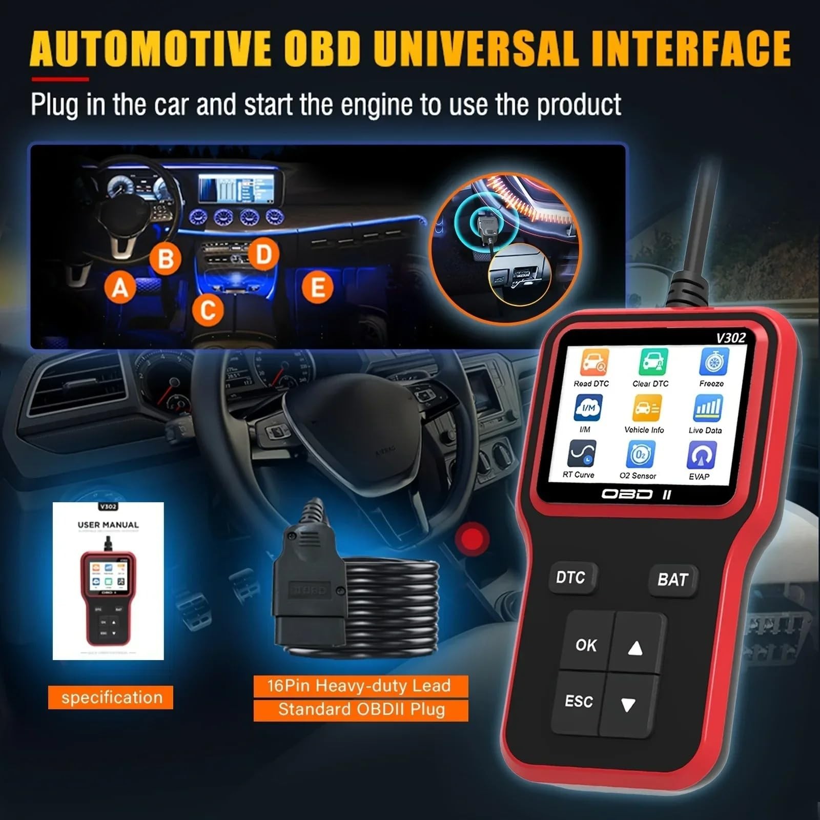 OBD2 Scanner Car Code Reader Battery Voltage Test O2 Sensor Live Data EVAP Test