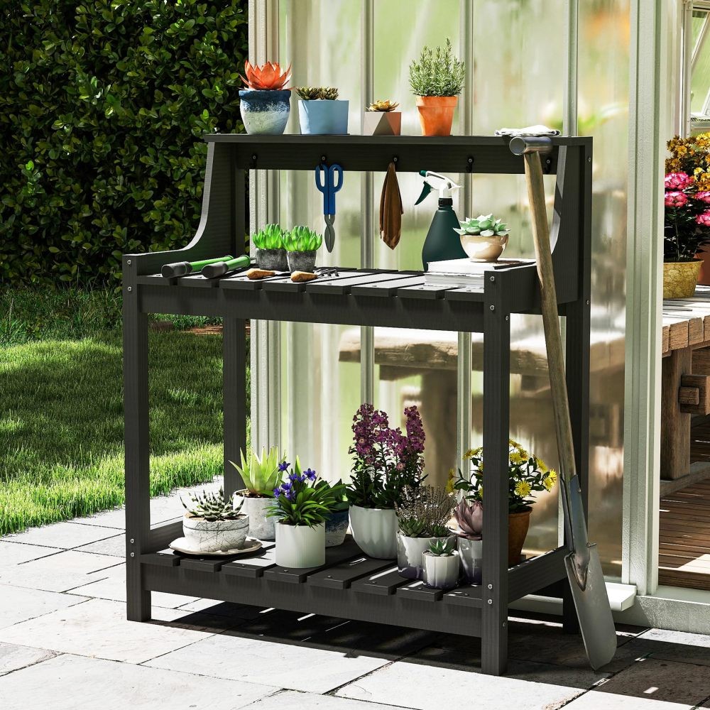 Outdoor Potting Bench, HDPE Garden Table, All Weather Storage, Grey for Backyard