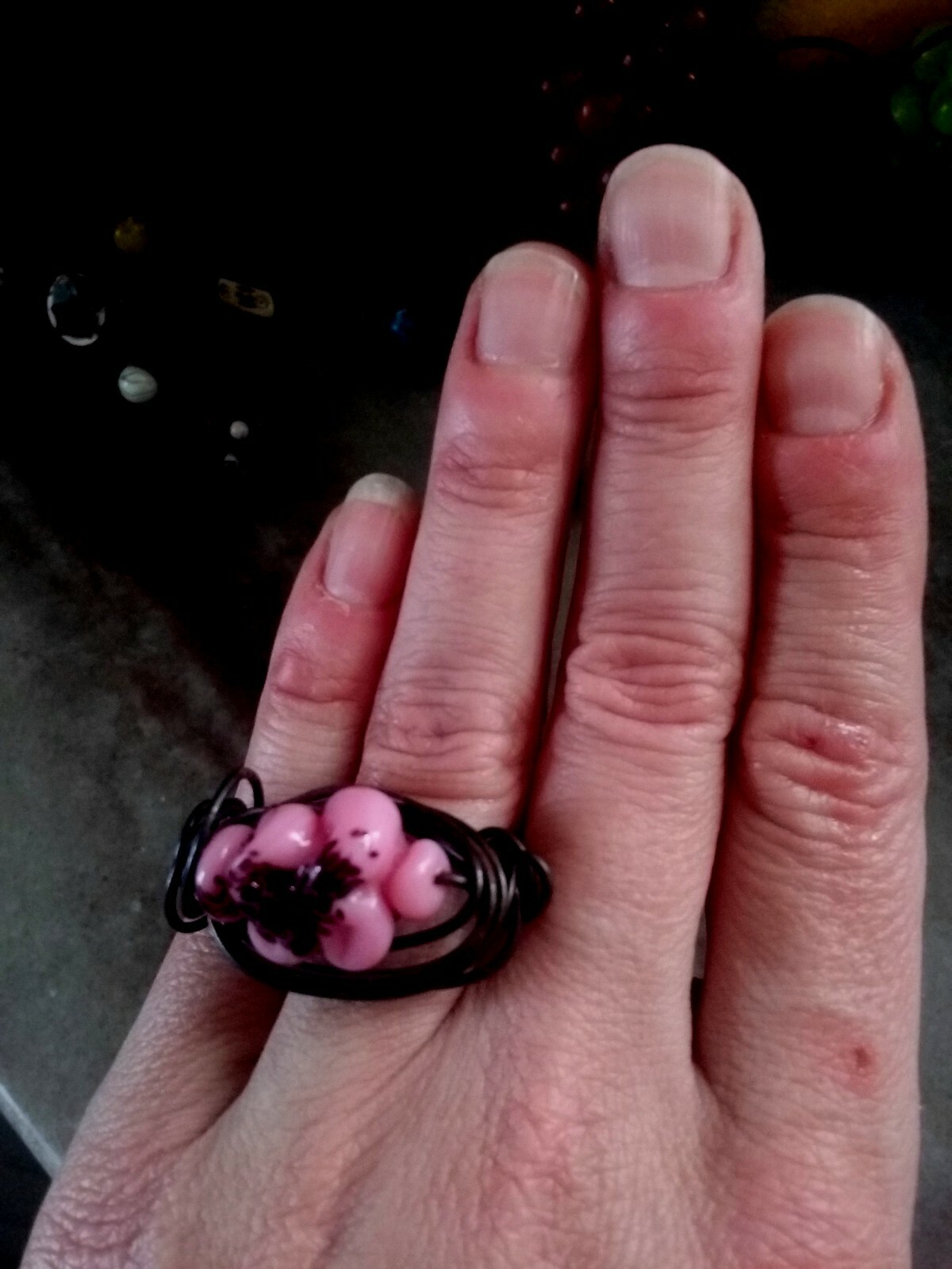 Large Wire Wrapped Statement Ring, Pink Plastic Bubbly Charm, Size 8, NEW