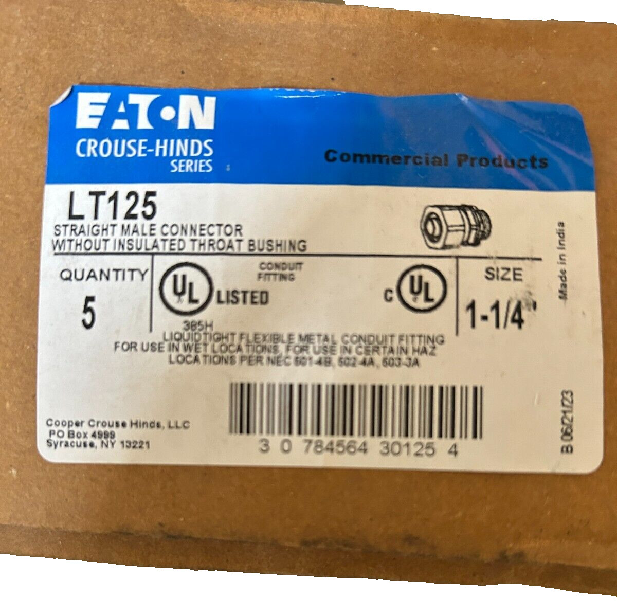 Eaton LT125 1-1/4" Straight Male Connector w/o Insulated Throat Bushing-Lot of 5