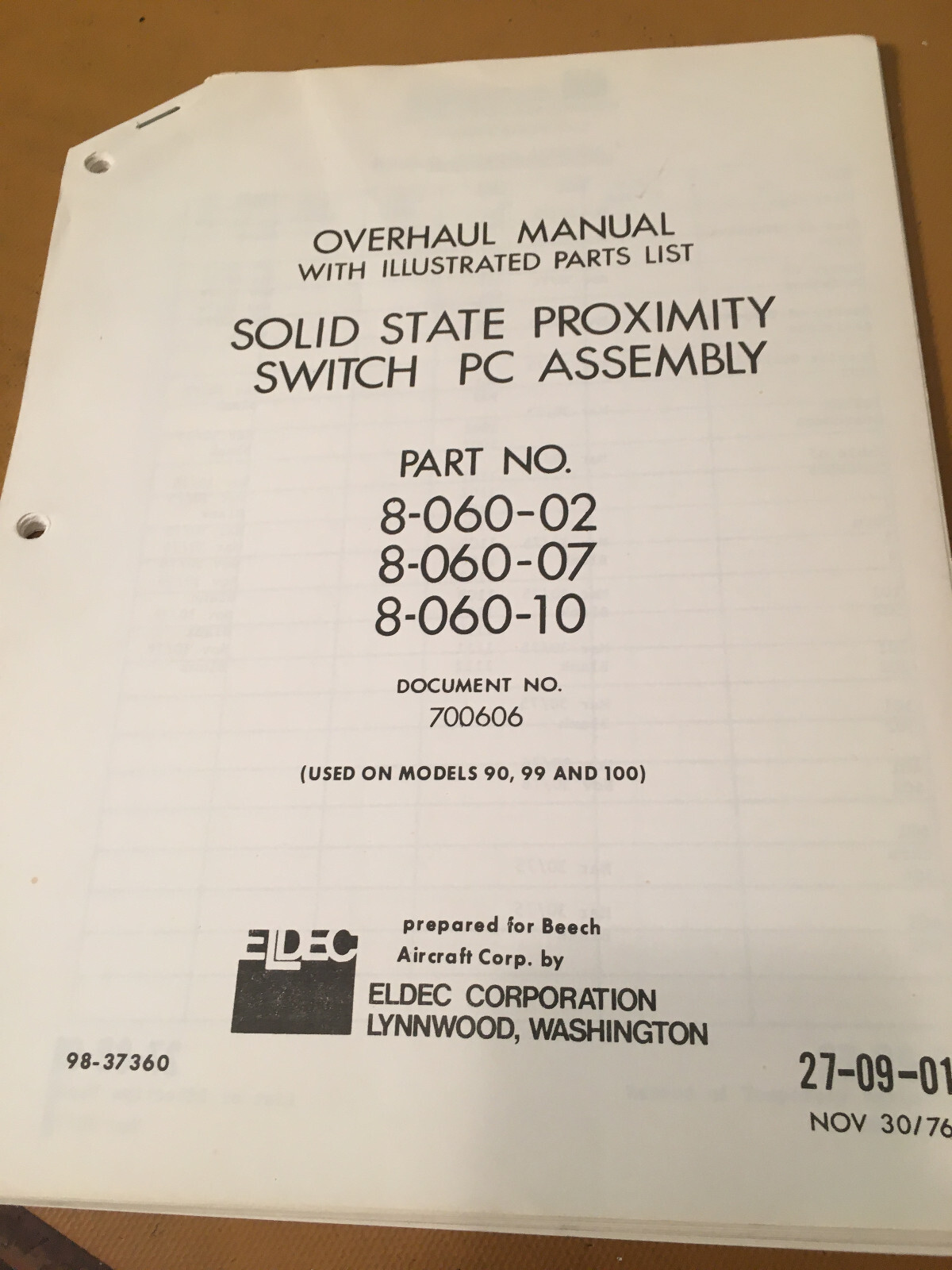 Eldec 8-060-02, 8-060-07, 8-060-10 Switch PC Overhaul Parts Manual.